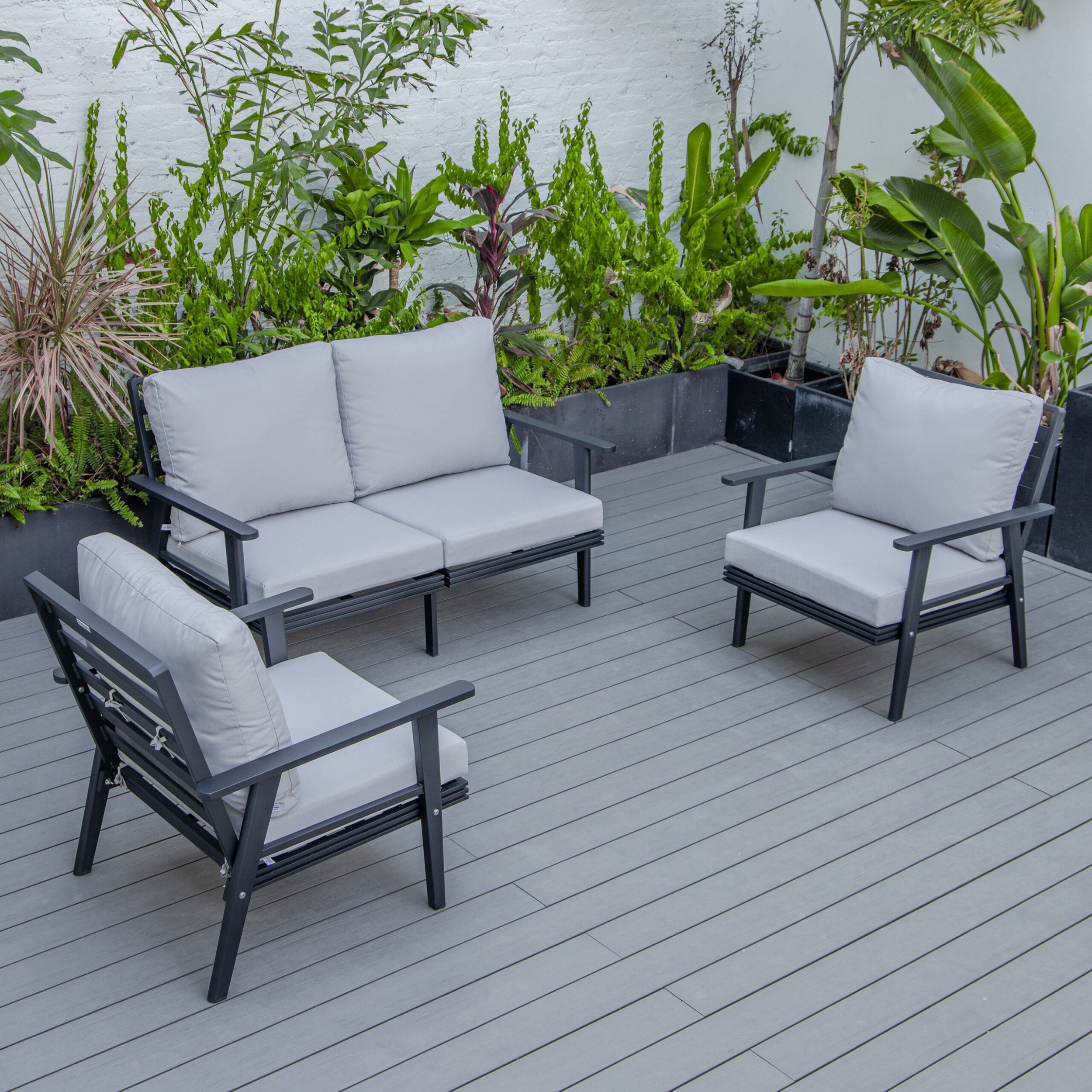 LeisureMod Walbrooke Modern 3-Piece Outdoor Patio Set with Black Aluminum Frame - Light Gray