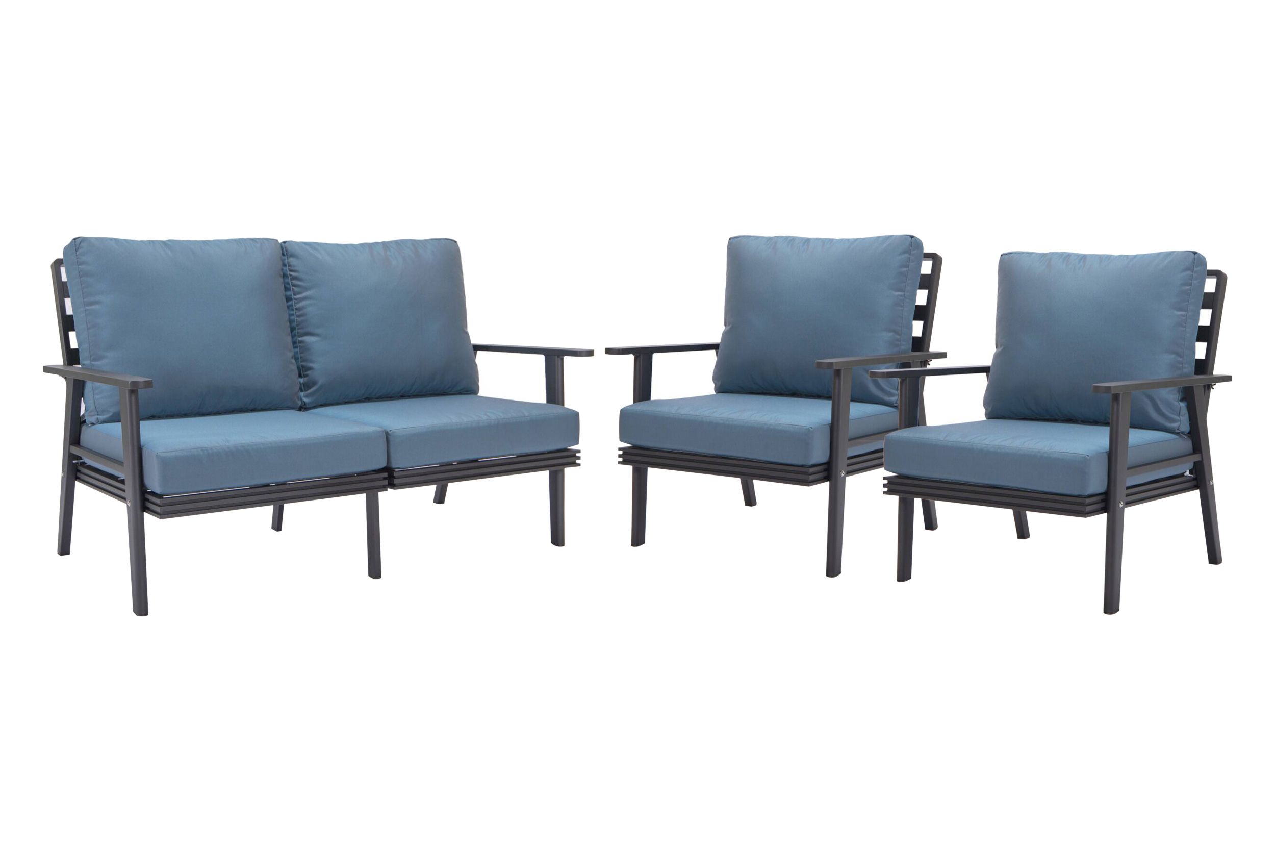 LeisureMod Walbrooke Modern 3-Piece Outdoor Patio Set with Black Aluminum Frame