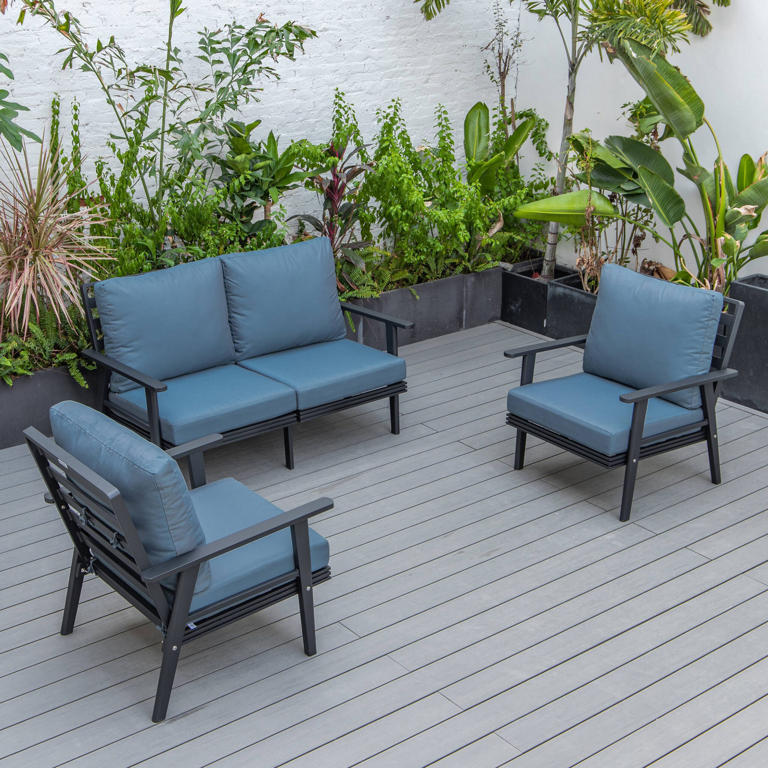 LeisureMod Walbrooke Modern 3-Piece Outdoor Patio Set with Black Aluminum Frame - Navy Blue