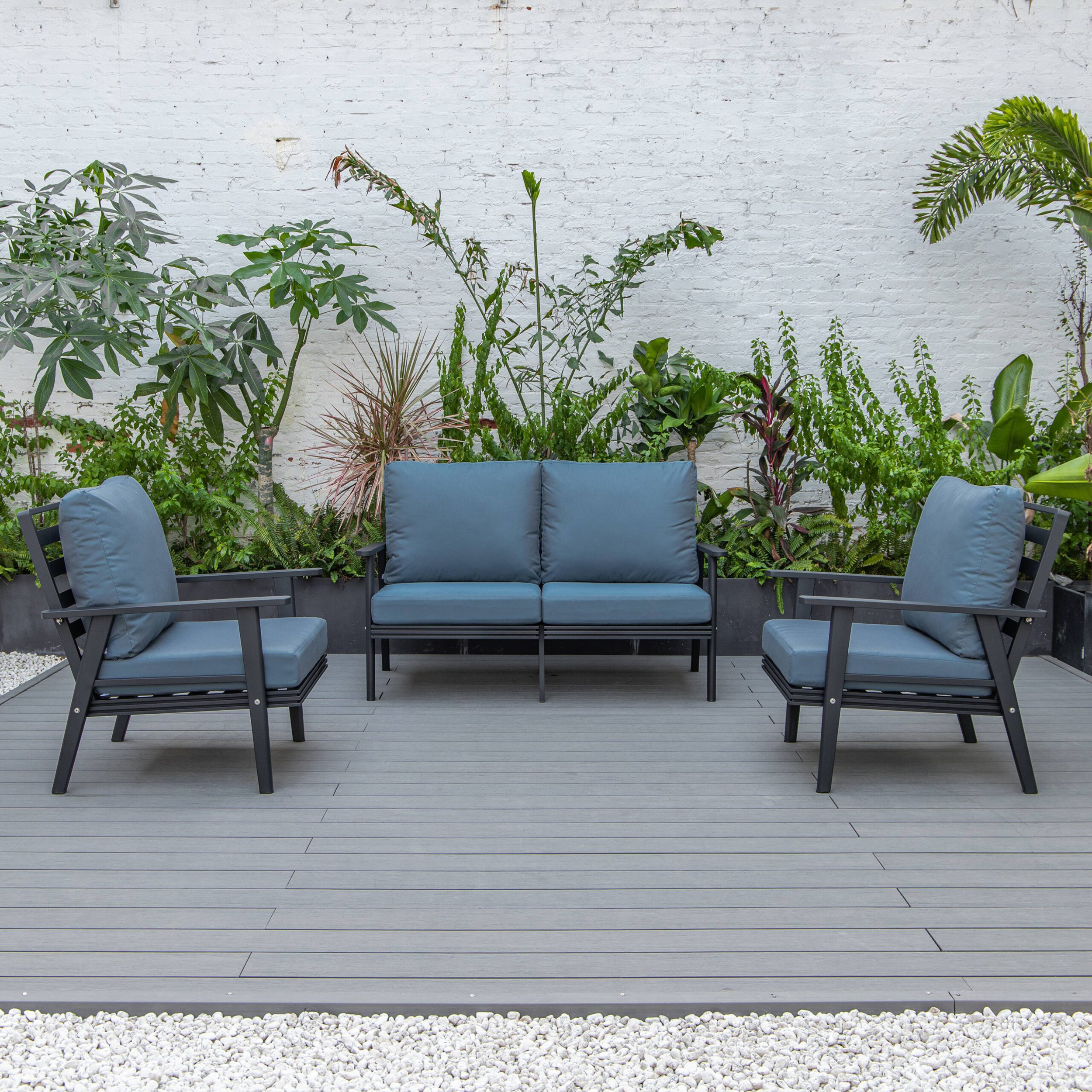 LeisureMod Walbrooke Modern 3-Piece Outdoor Patio Set with Black Aluminum Frame - Navy Blue