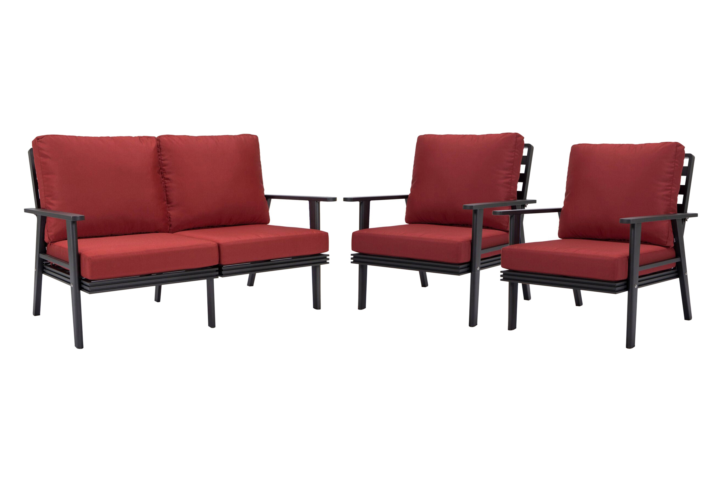 LeisureMod Walbrooke Modern 3-Piece Outdoor Patio Set with Black Aluminum Frame