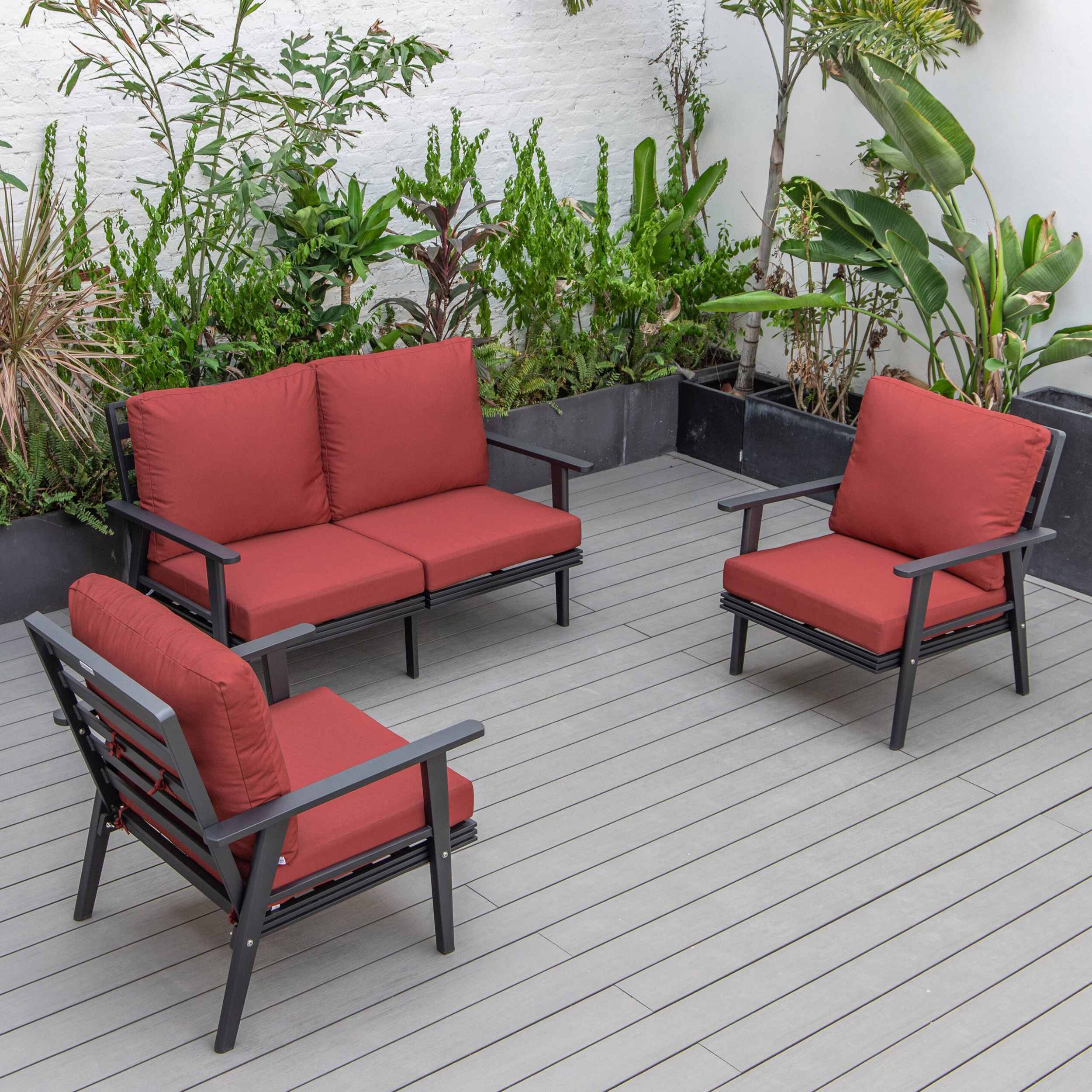 LeisureMod Walbrooke Modern 3-Piece Outdoor Patio Set with Black Aluminum Frame - Red