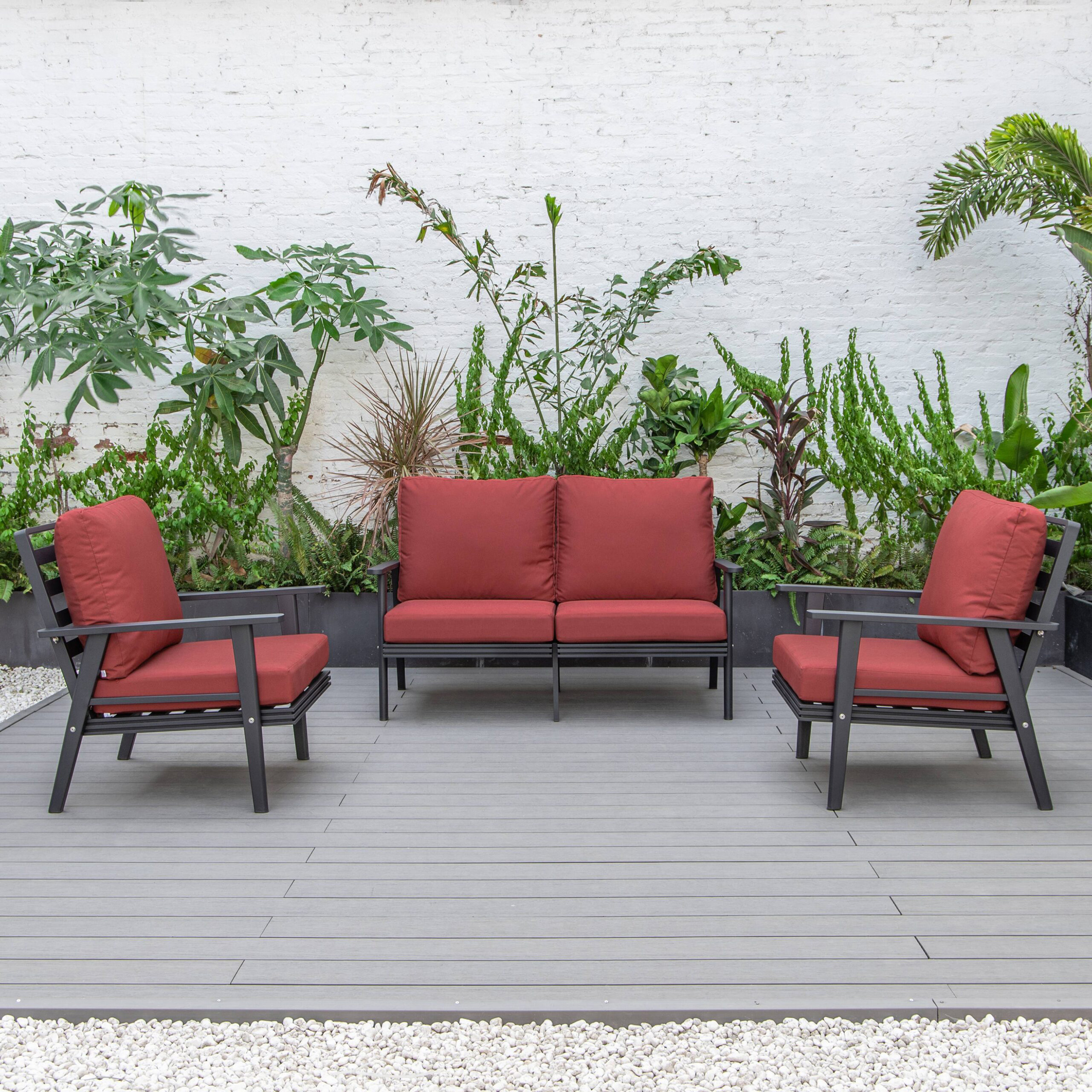 LeisureMod Walbrooke Modern 3-Piece Outdoor Patio Set with Black Aluminum Frame - Red