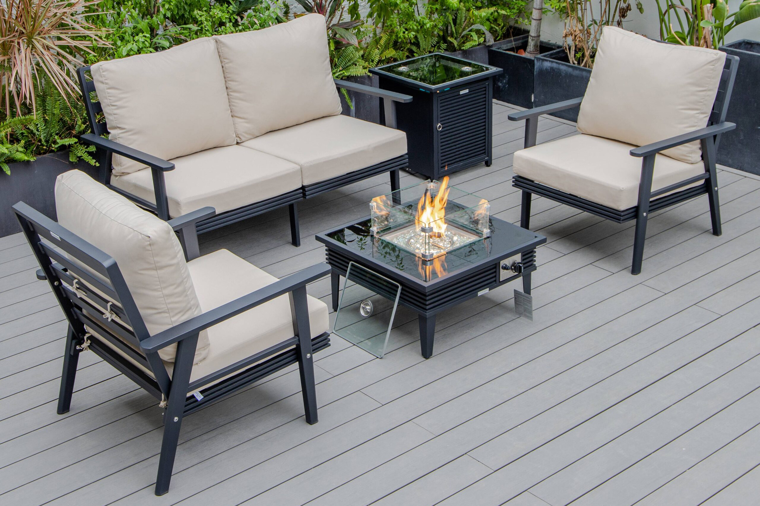 LeisureMod Walbrooke Modern Black Patio Conversation With Square Fire Pit With Slats Design & Tank Holder