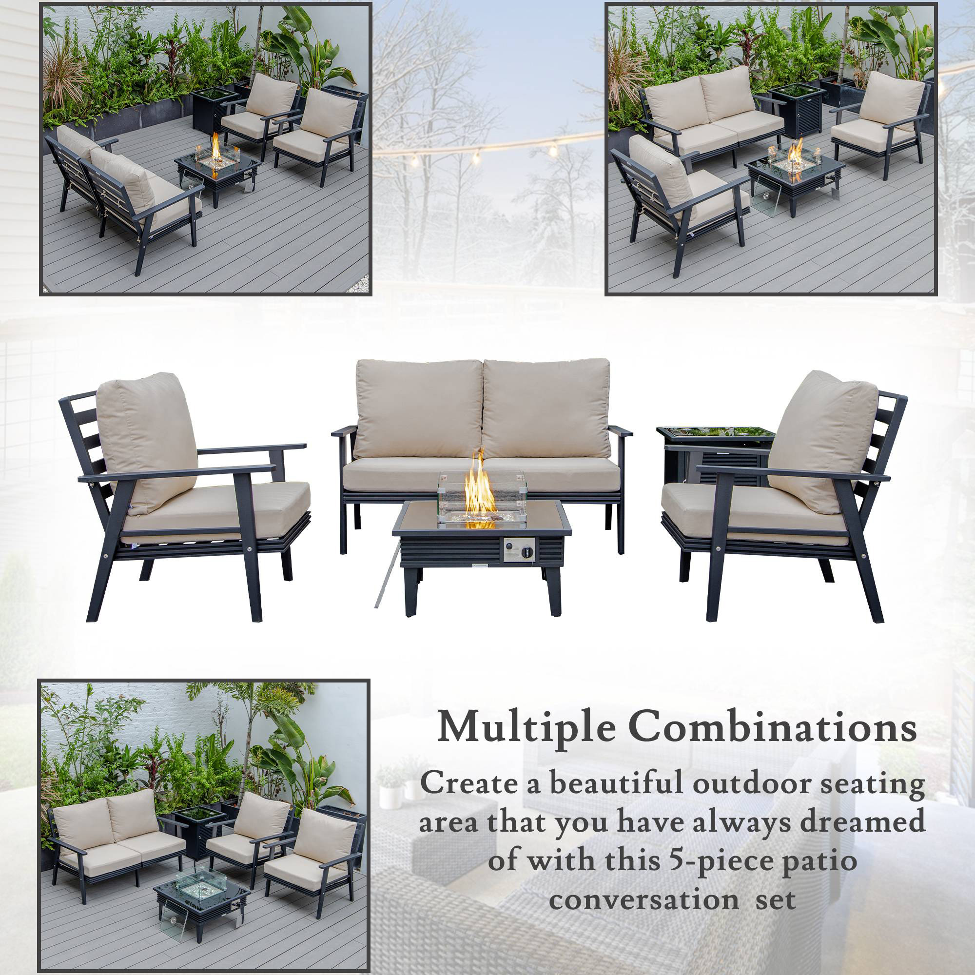 LeisureMod Walbrooke Modern Black Patio Conversation With Square Fire Pit With Slats Design & Tank Holder - Beige