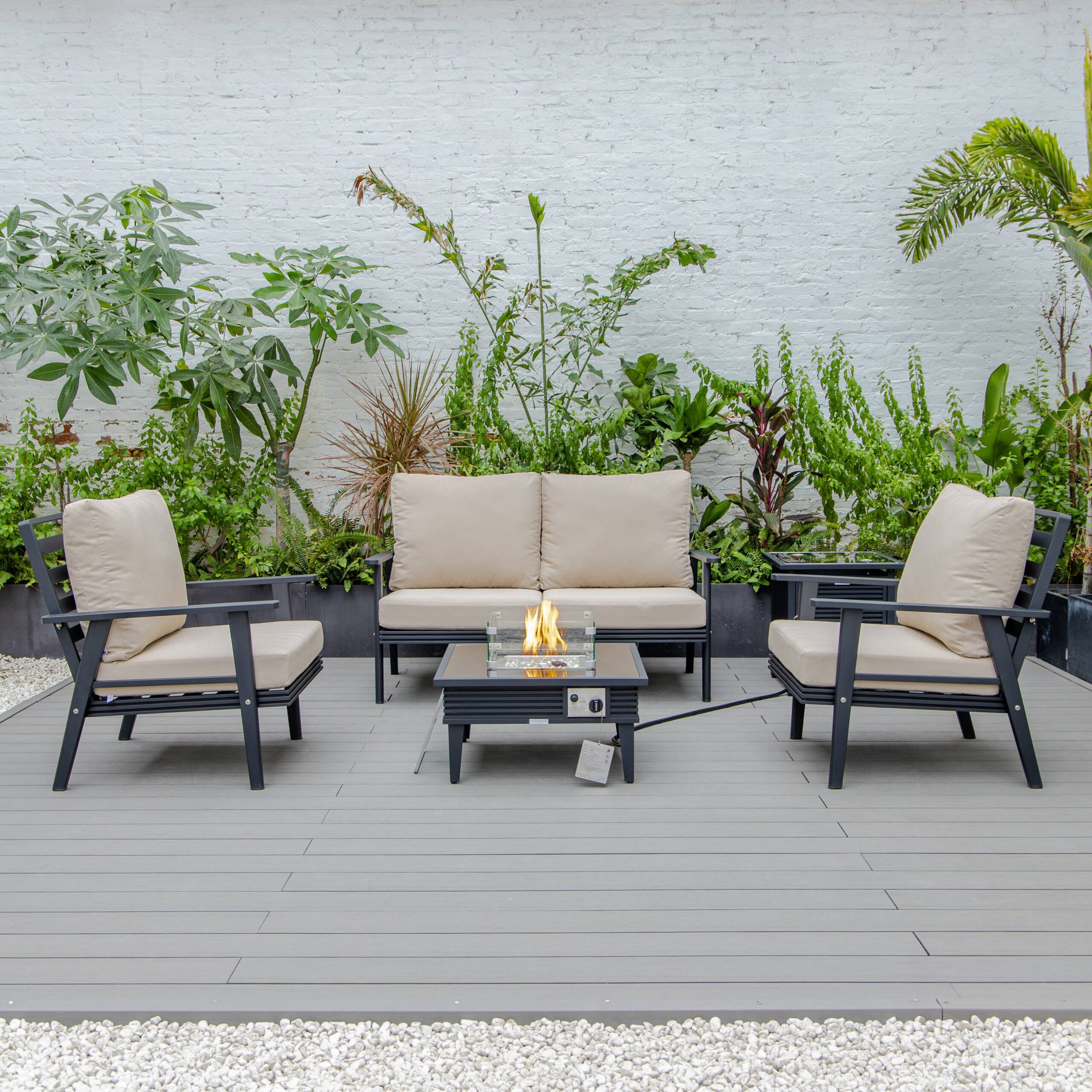 LeisureMod Walbrooke Modern Black Patio Conversation With Square Fire Pit With Slats Design & Tank Holder - Beige