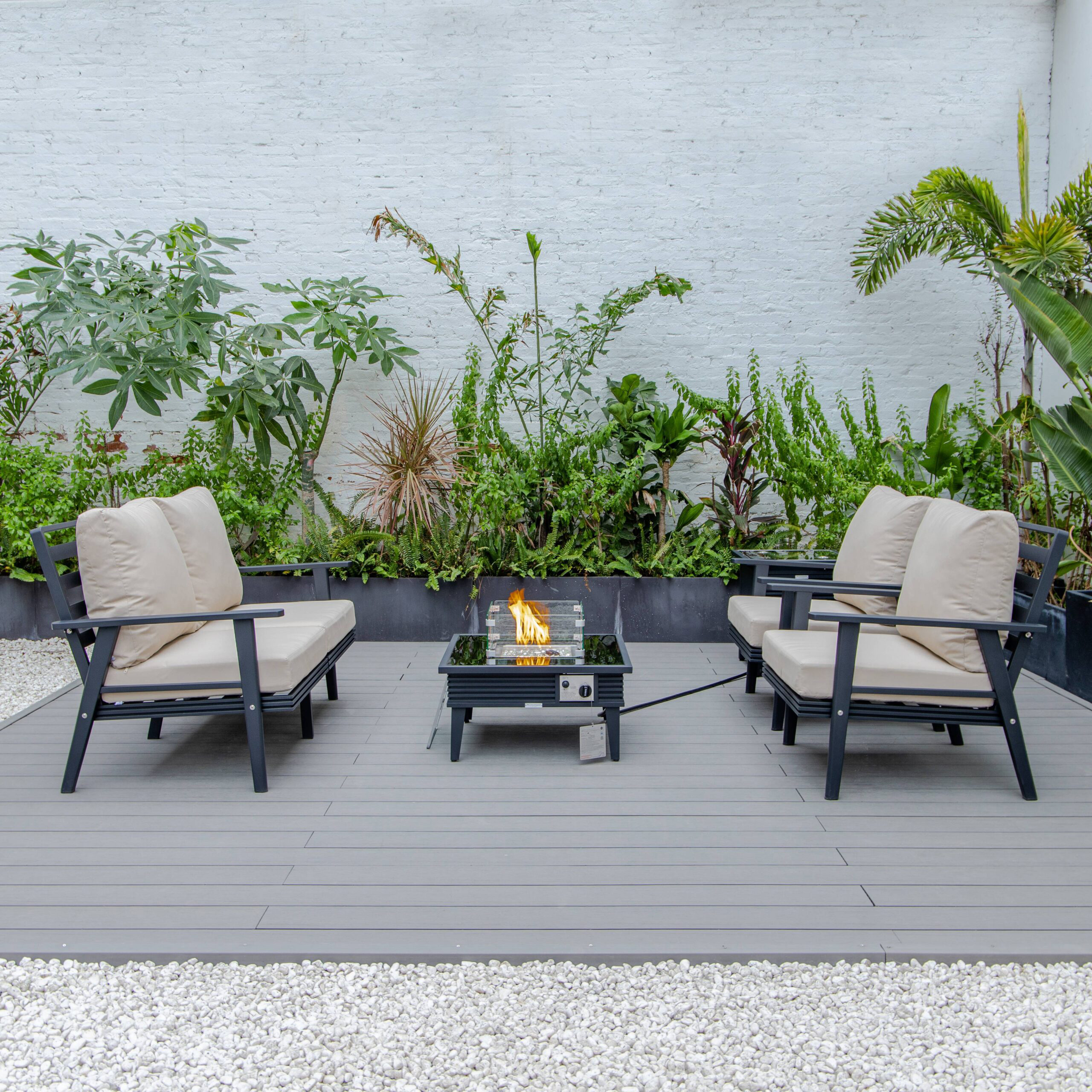 LeisureMod Walbrooke Modern Black Patio Conversation With Square Fire Pit With Slats Design & Tank Holder - Beige