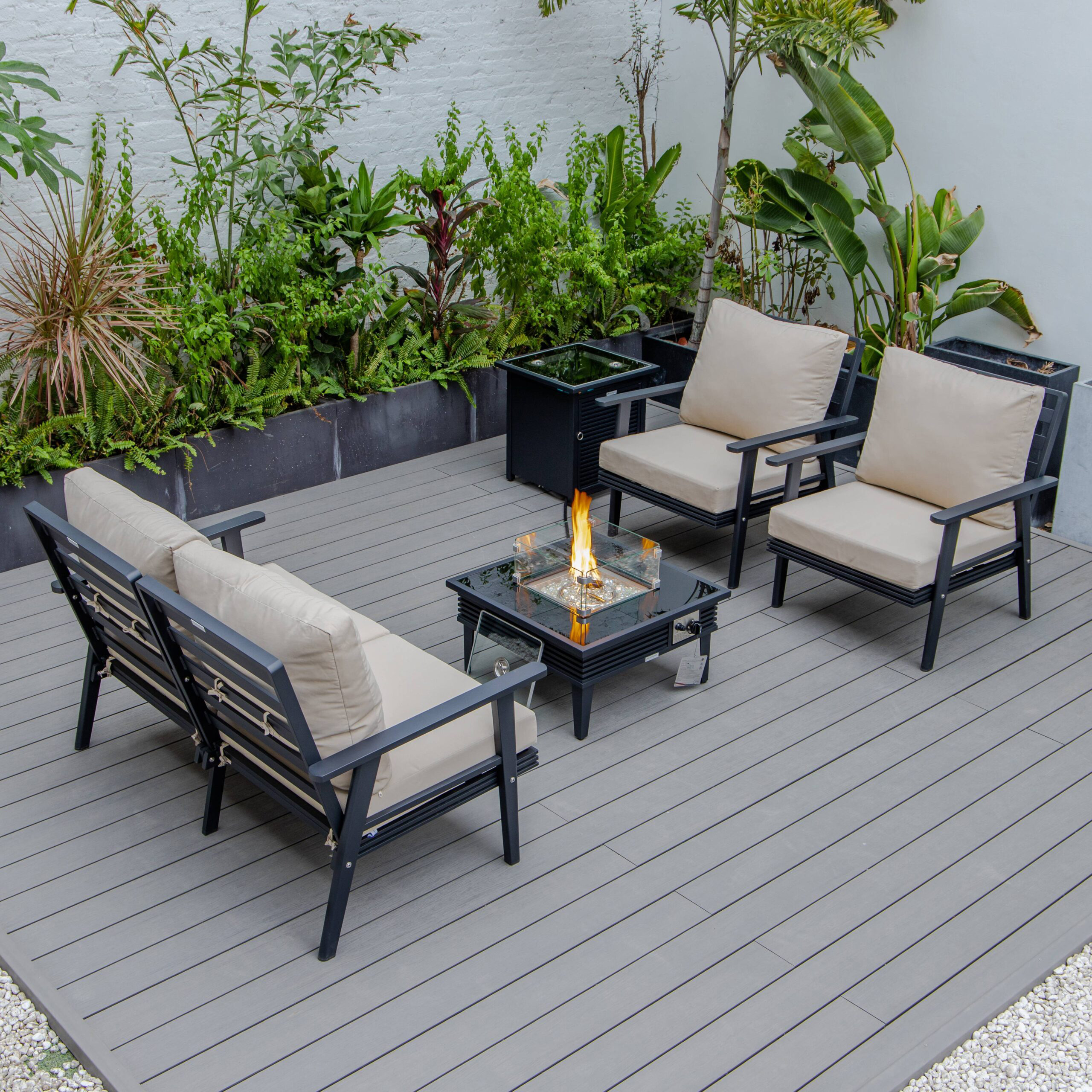 LeisureMod Walbrooke Modern Black Patio Conversation With Square Fire Pit With Slats Design & Tank Holder - Beige