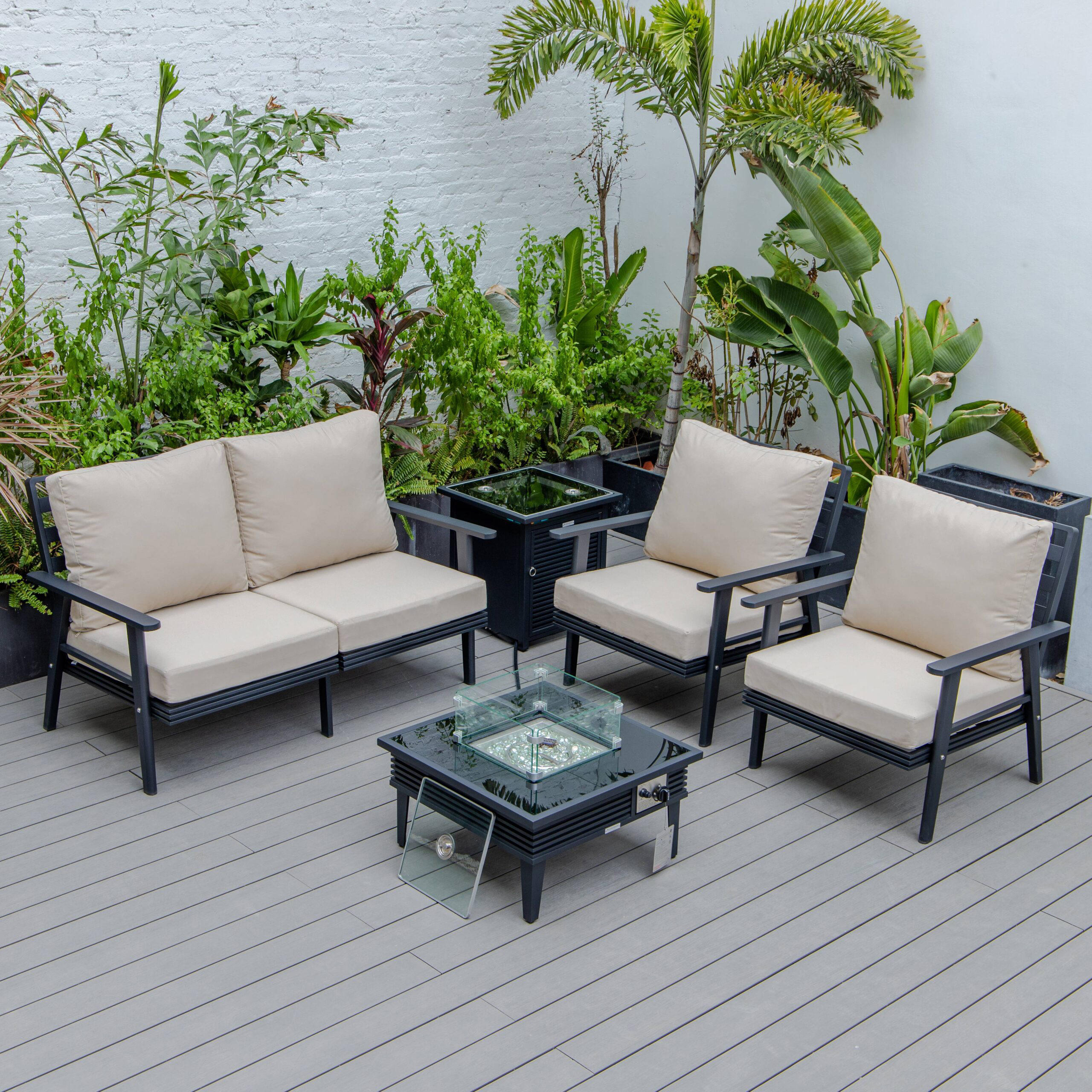 LeisureMod Walbrooke Modern Black Patio Conversation With Square Fire Pit With Slats Design & Tank Holder - Beige