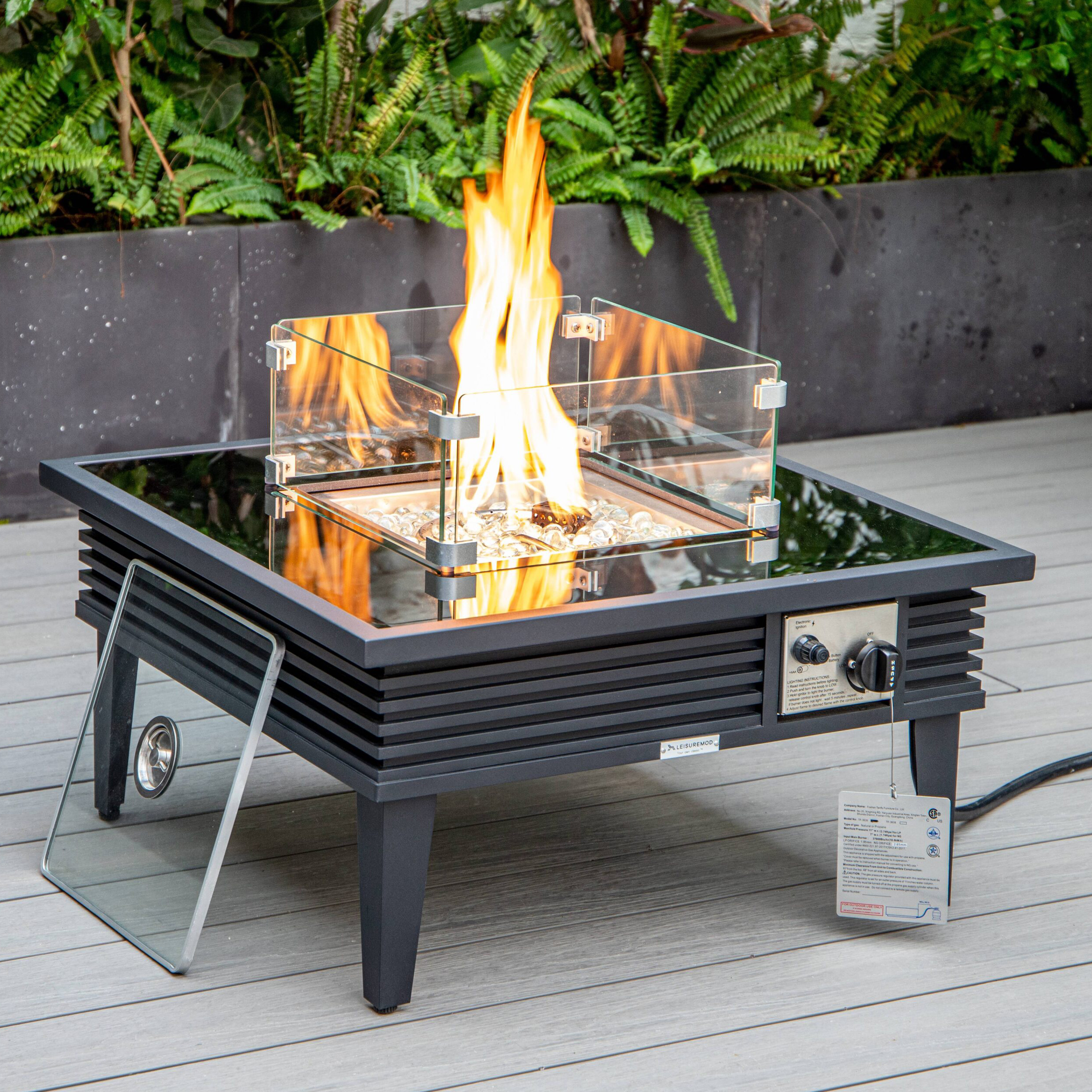 LeisureMod Walbrooke Modern Black Patio Conversation With Square Fire Pit With Slats Design & Tank Holder - Beige