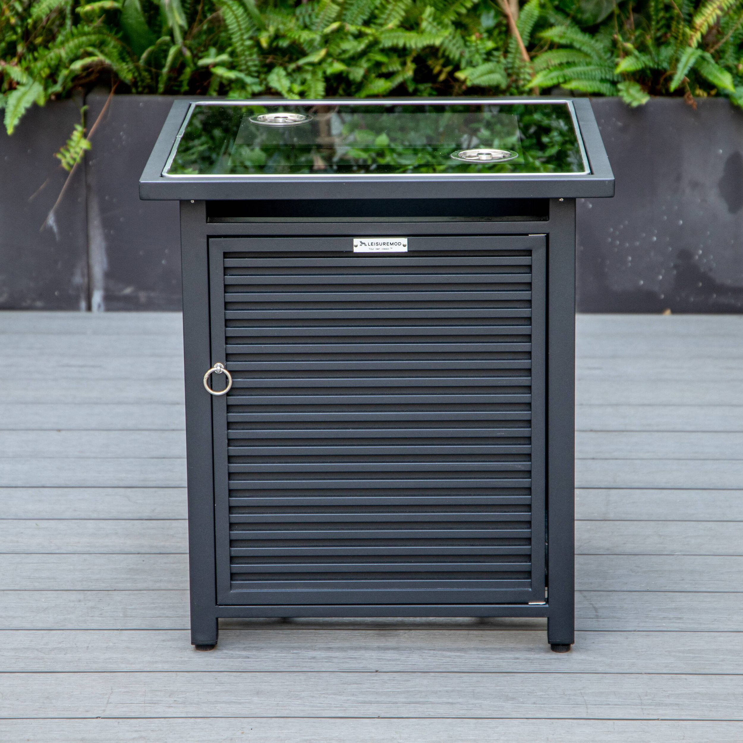 LeisureMod Walbrooke Modern Black Patio Conversation With Square Fire Pit With Slats Design & Tank Holder - Beige