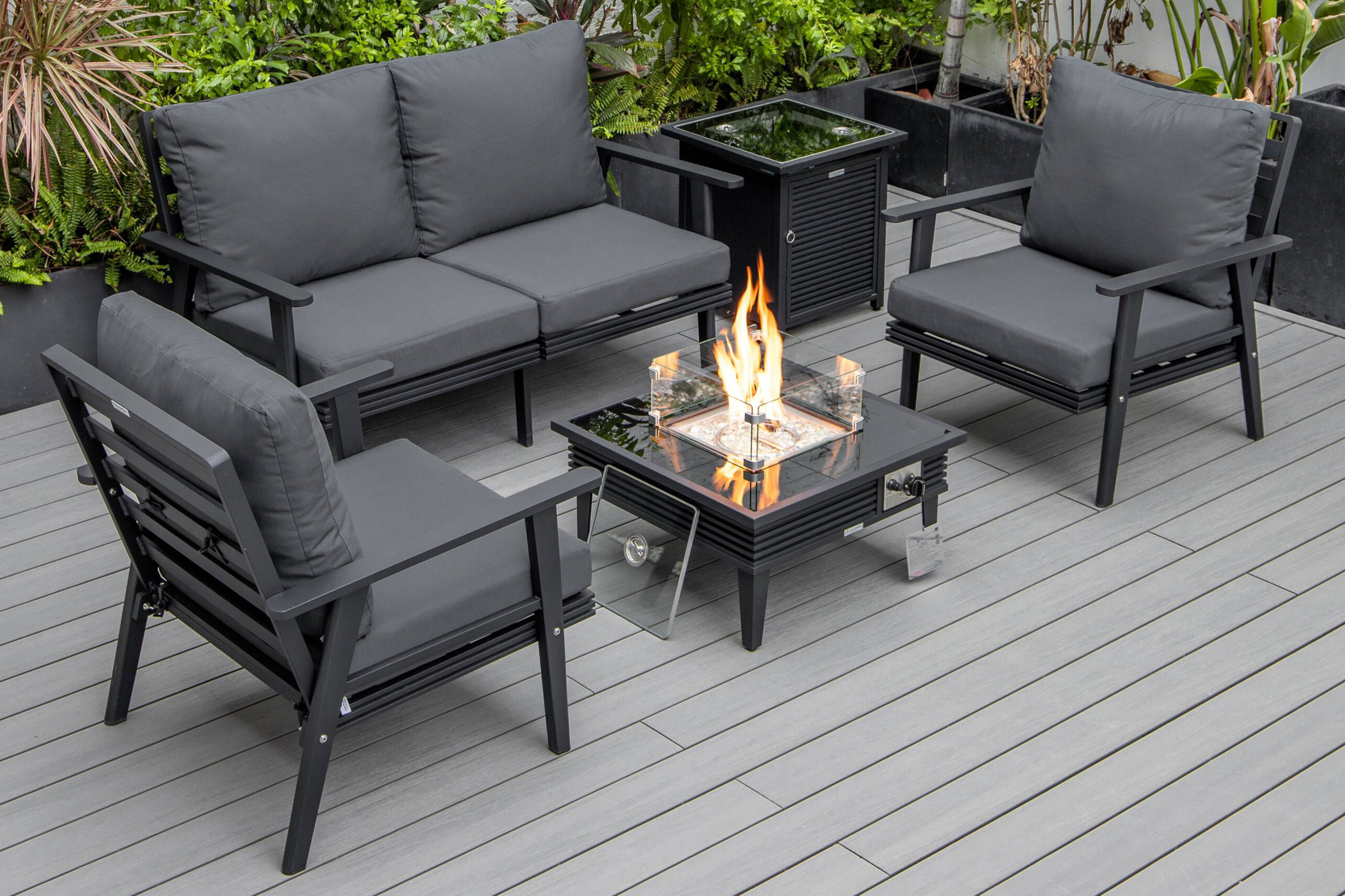 LeisureMod Walbrooke Modern Black Patio Conversation With Square Fire Pit With Slats Design & Tank Holder