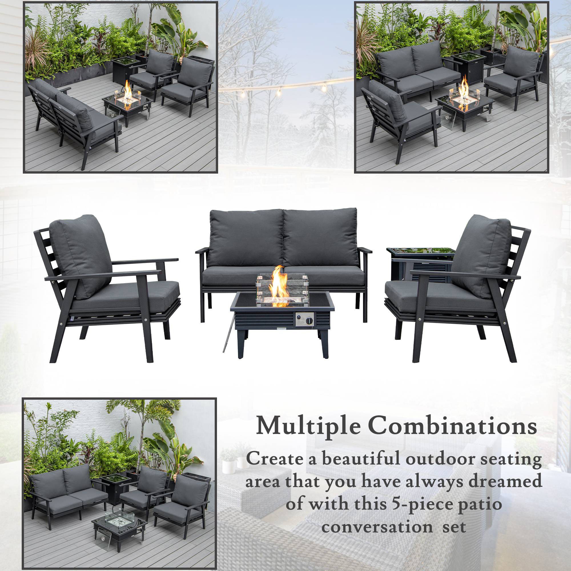 LeisureMod Walbrooke Modern Black Patio Conversation With Square Fire Pit With Slats Design & Tank Holder - Charcoal