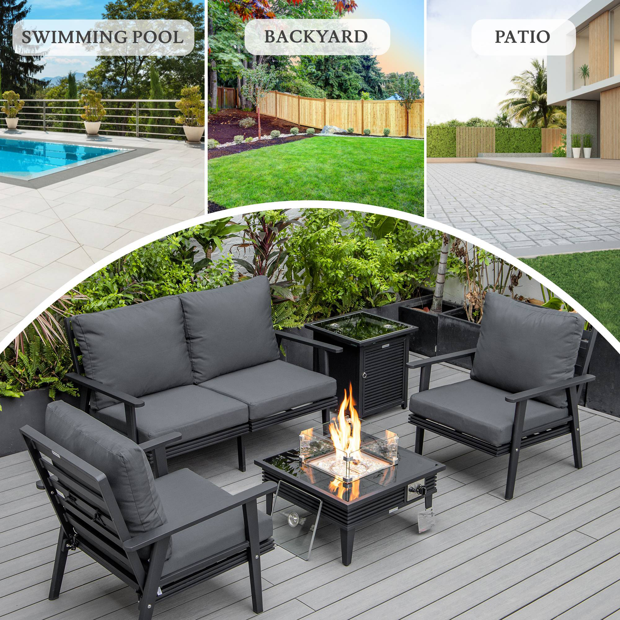 LeisureMod Walbrooke Modern Black Patio Conversation With Square Fire Pit With Slats Design & Tank Holder - Charcoal