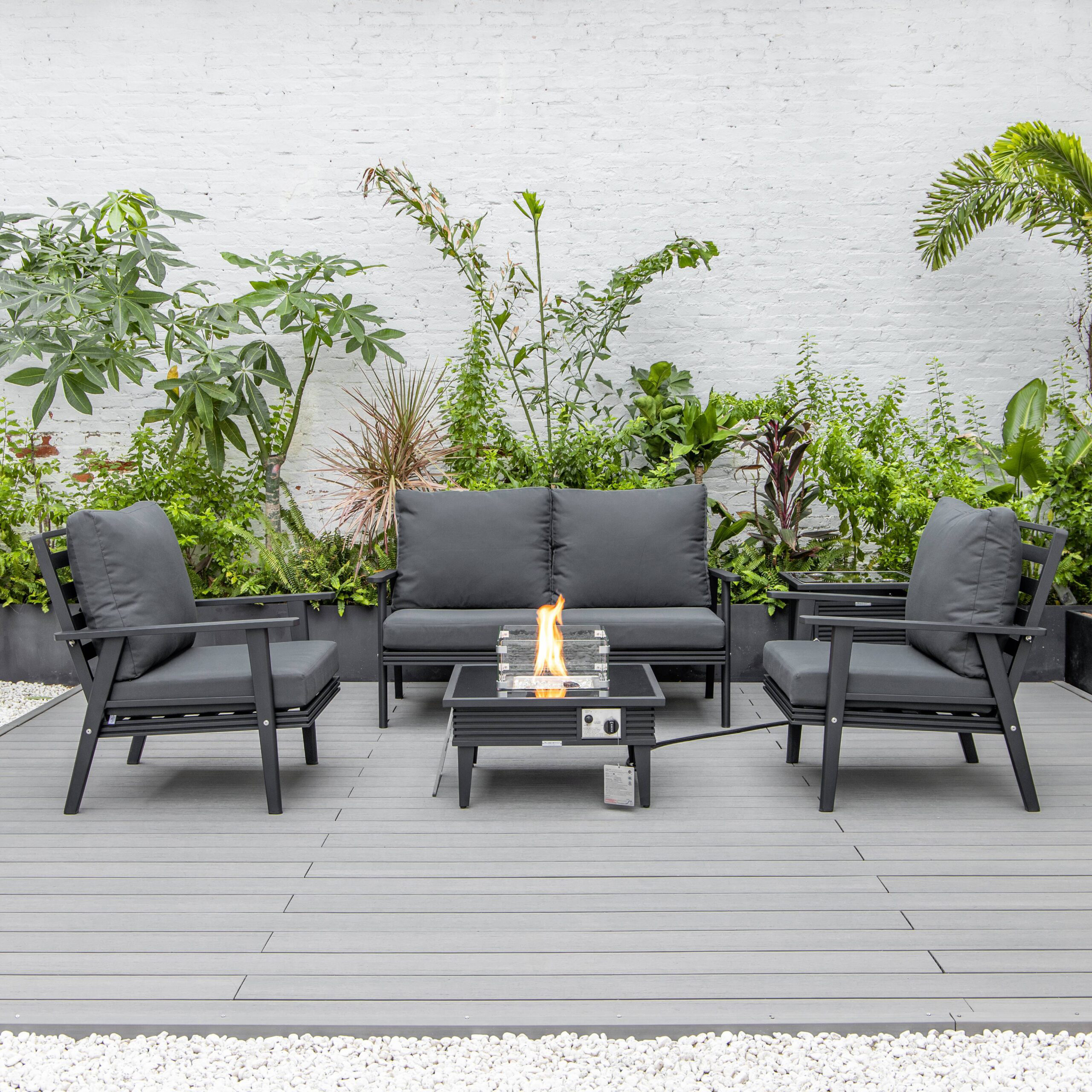 LeisureMod Walbrooke Modern Black Patio Conversation With Square Fire Pit With Slats Design & Tank Holder - Charcoal