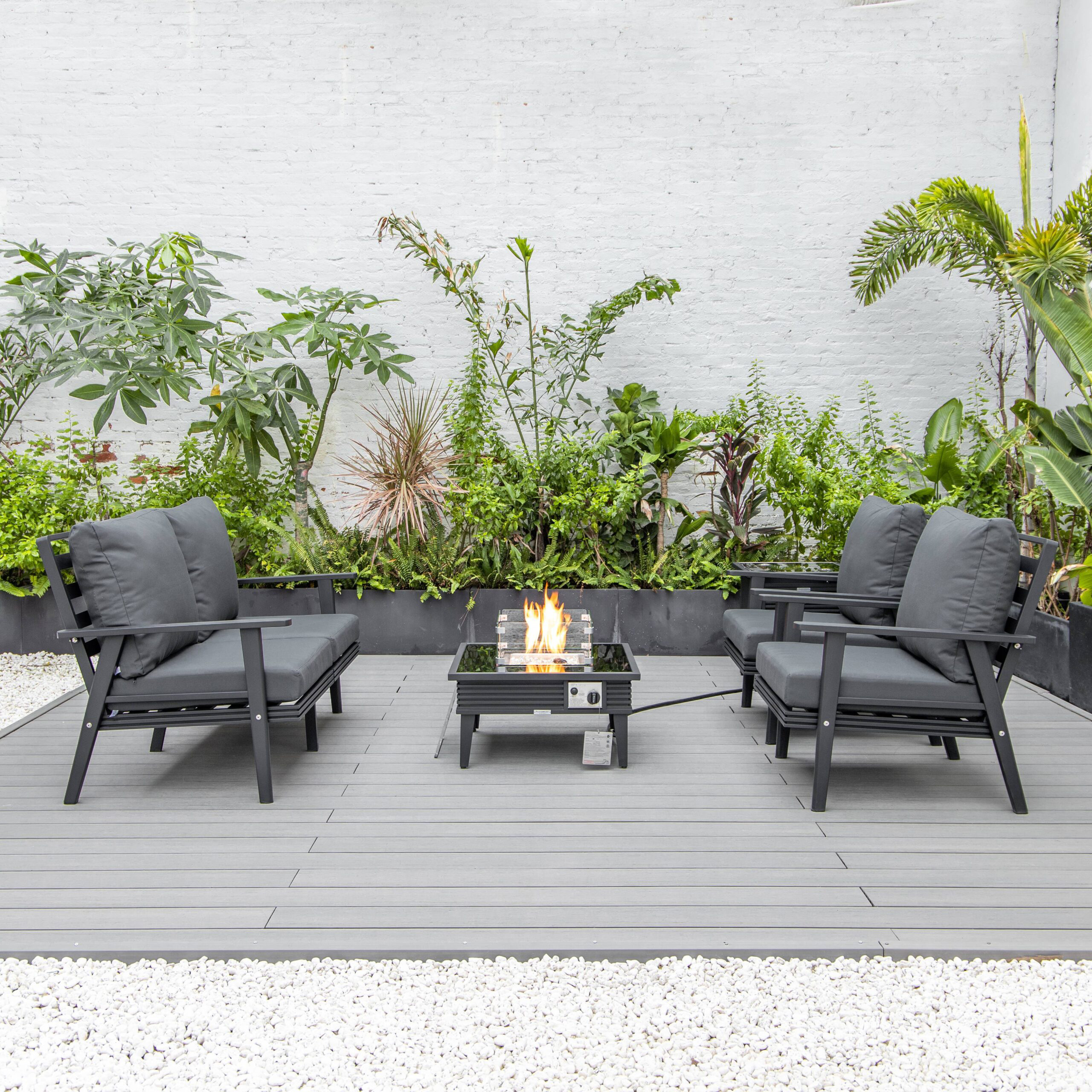 LeisureMod Walbrooke Modern Black Patio Conversation With Square Fire Pit With Slats Design & Tank Holder - Charcoal