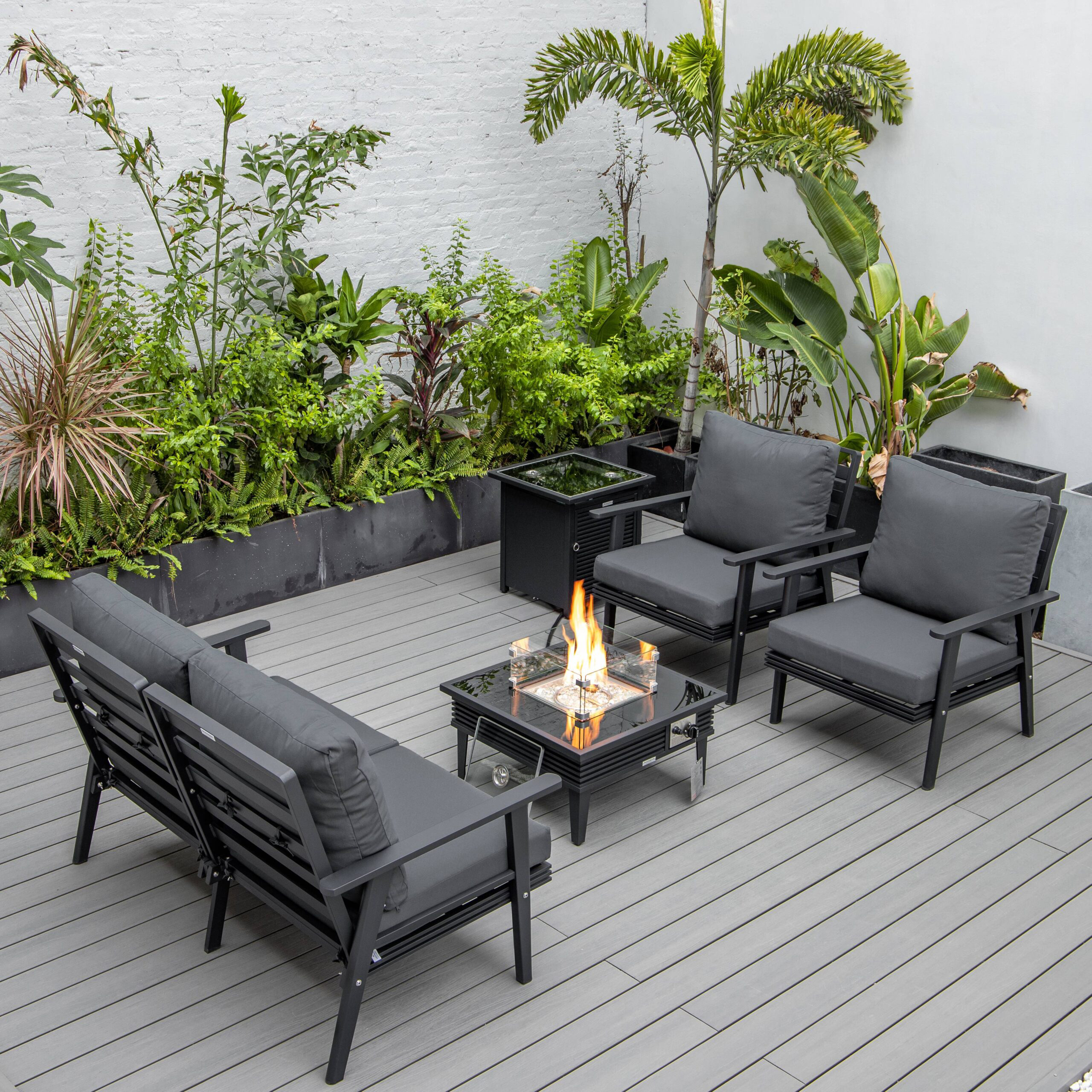 LeisureMod Walbrooke Modern Black Patio Conversation With Square Fire Pit With Slats Design & Tank Holder - Charcoal