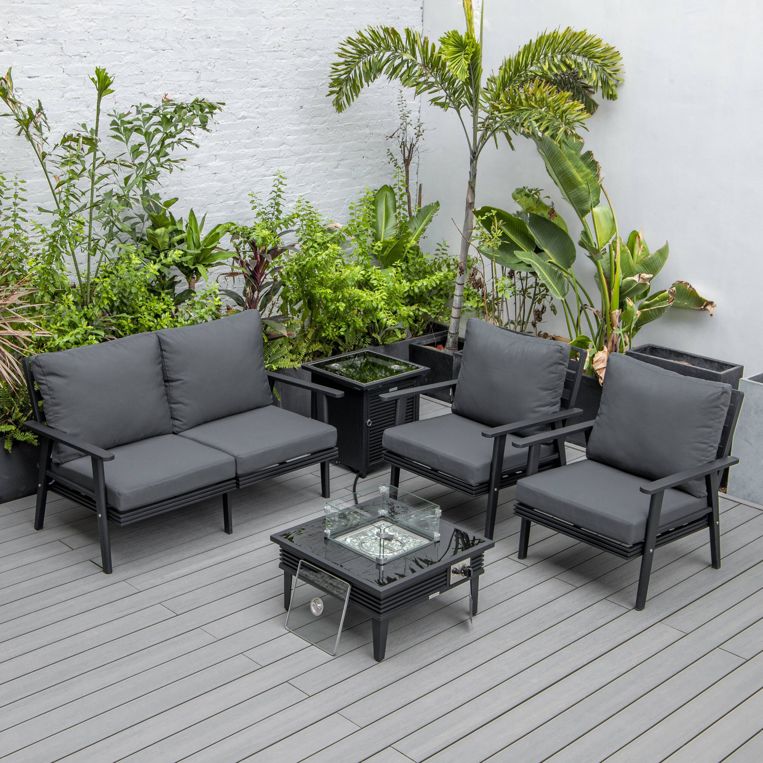 LeisureMod Walbrooke Modern Black Patio Conversation With Square Fire Pit With Slats Design & Tank Holder - Charcoal