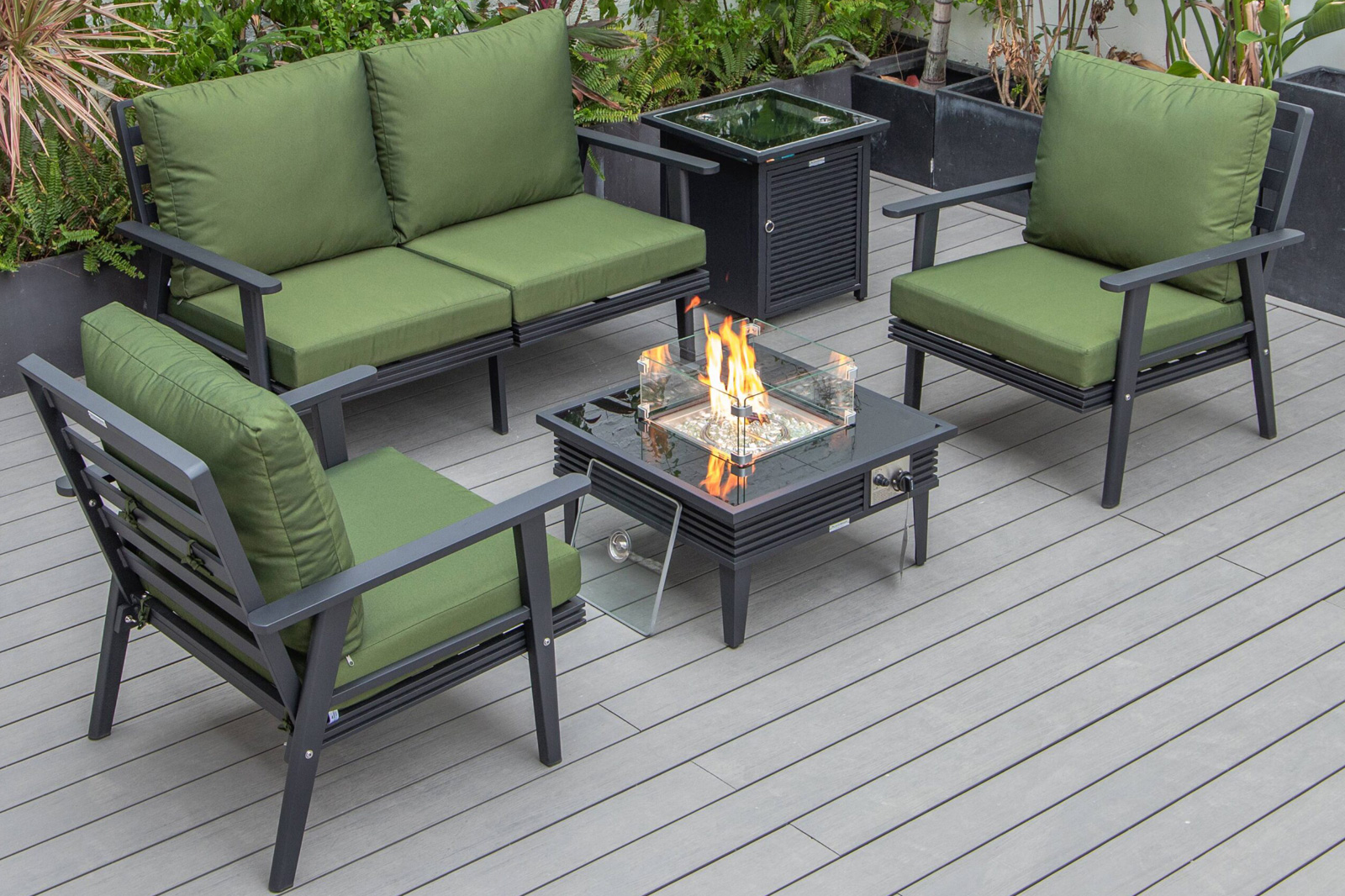 LeisureMod Walbrooke Modern Black Patio Conversation With Square Fire Pit With Slats Design & Tank Holder