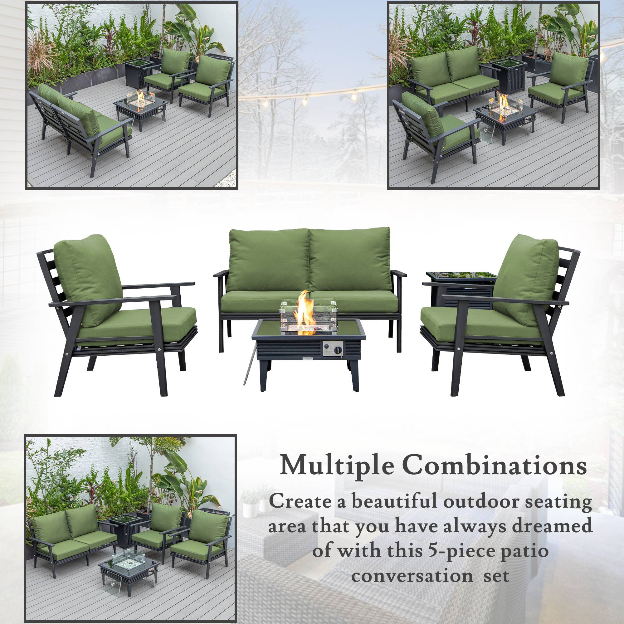 LeisureMod Walbrooke Modern Black Patio Conversation With Square Fire Pit With Slats Design & Tank Holder - Green