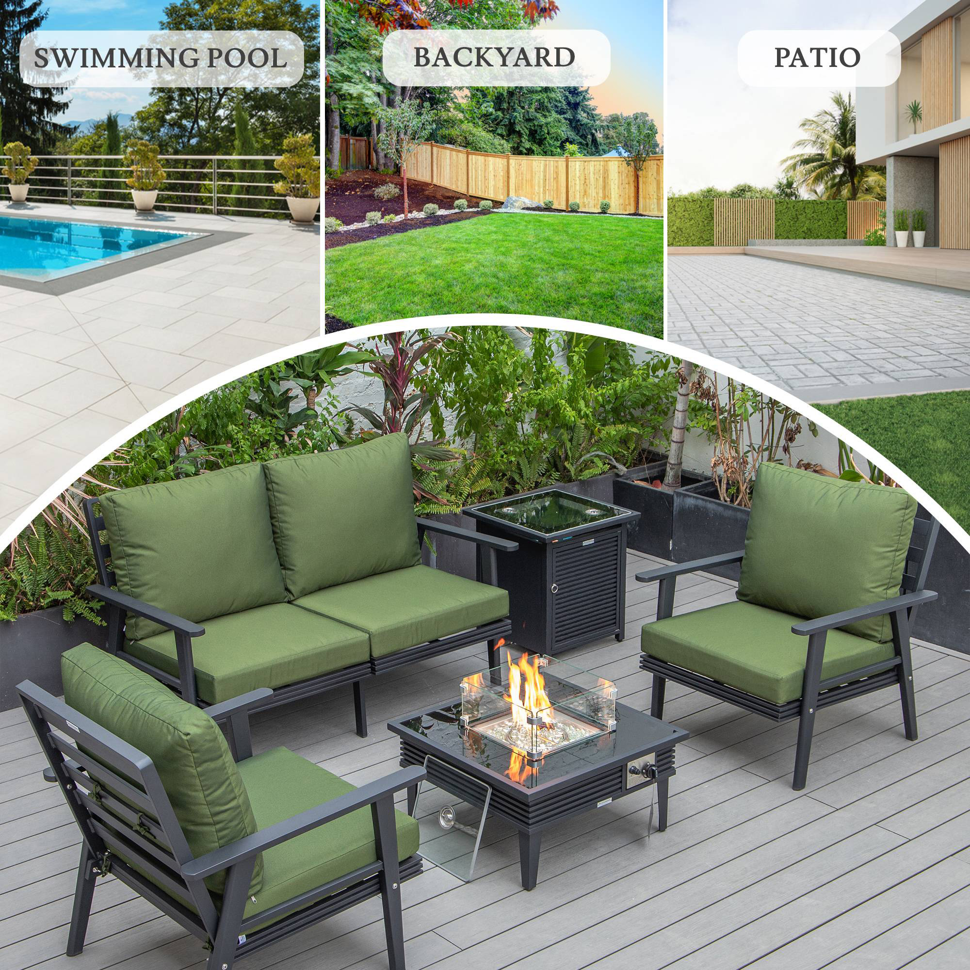 LeisureMod Walbrooke Modern Black Patio Conversation With Square Fire Pit With Slats Design & Tank Holder - Green