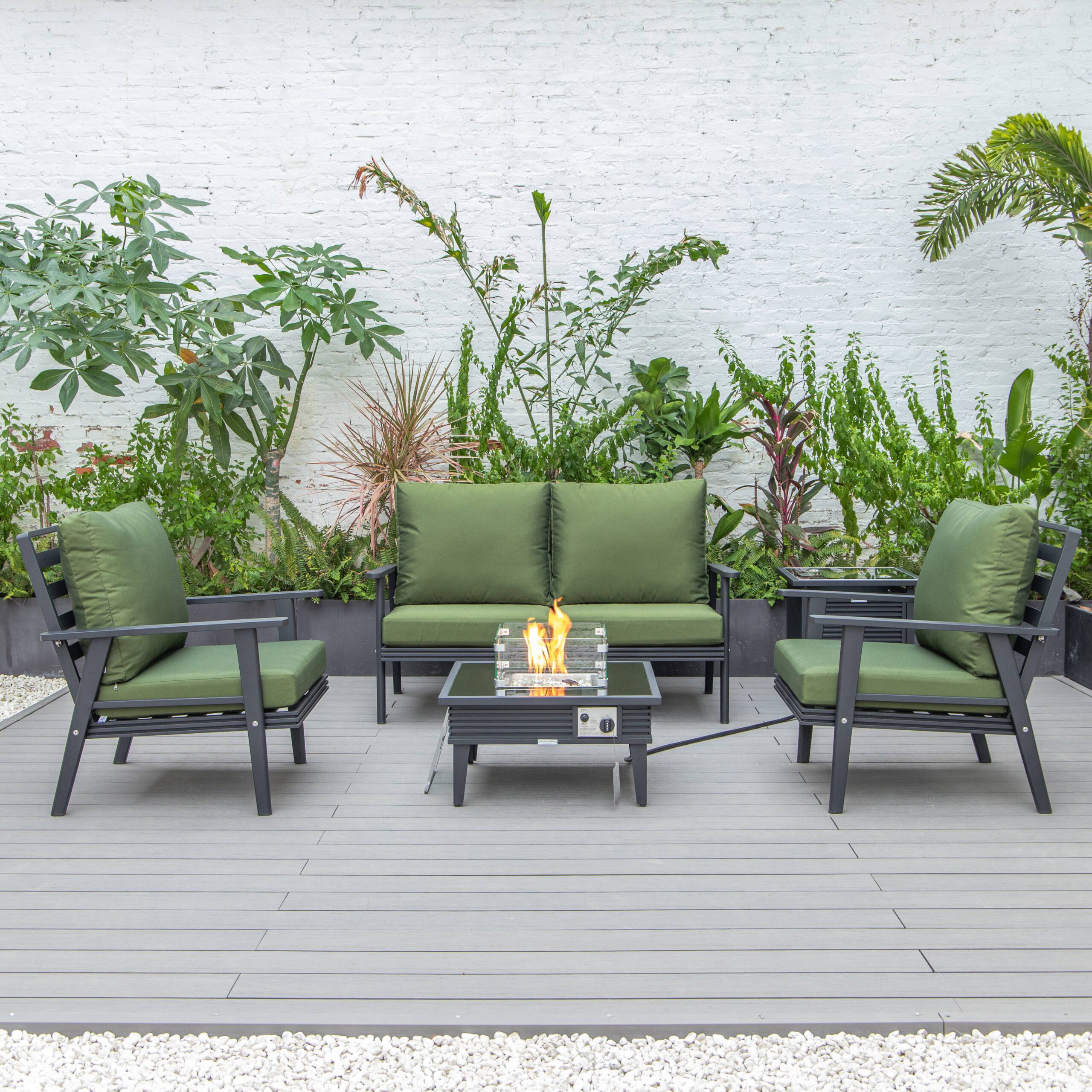 LeisureMod Walbrooke Modern Black Patio Conversation With Square Fire Pit With Slats Design & Tank Holder - Green