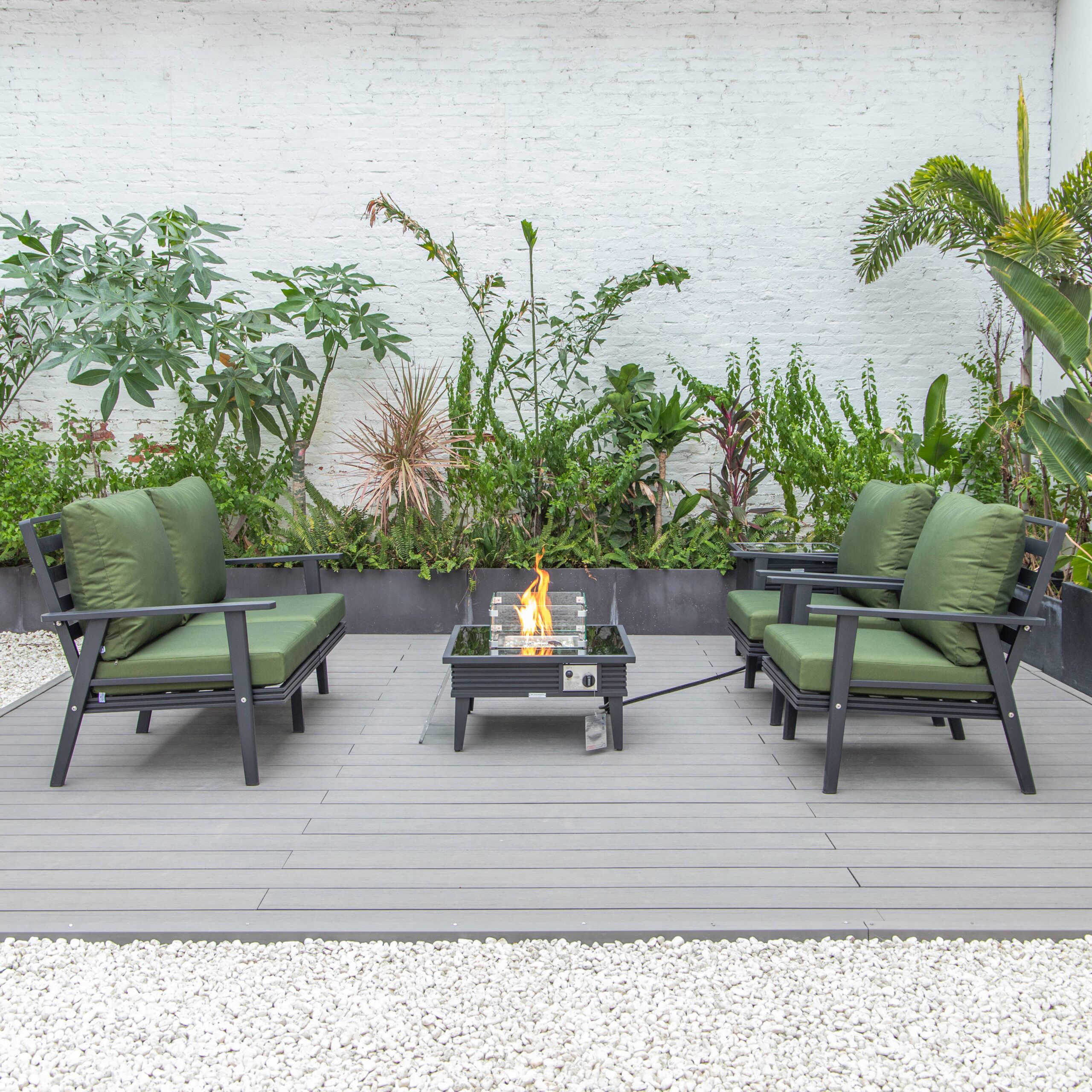 LeisureMod Walbrooke Modern Black Patio Conversation With Square Fire Pit With Slats Design & Tank Holder - Green