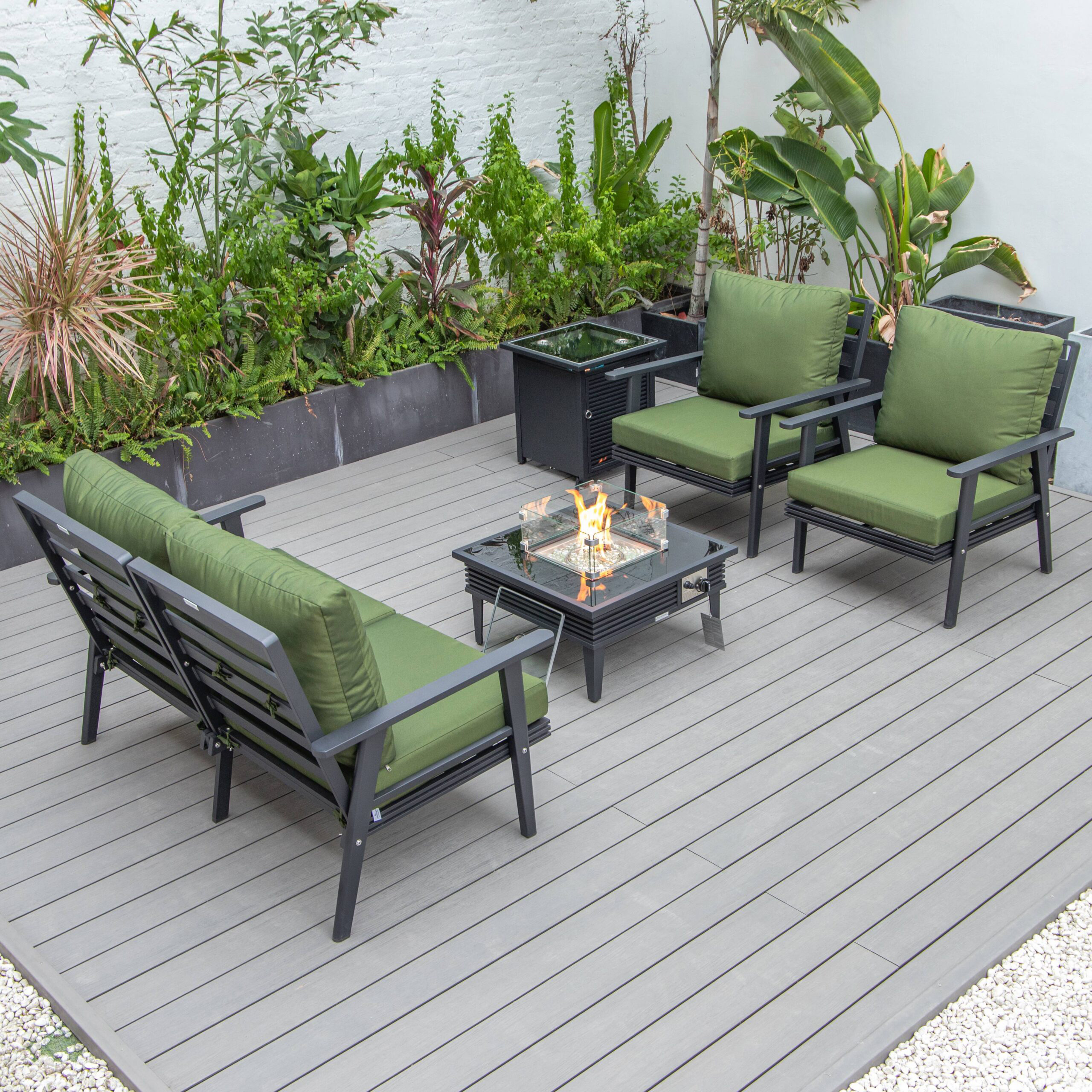 LeisureMod Walbrooke Modern Black Patio Conversation With Square Fire Pit With Slats Design & Tank Holder - Green