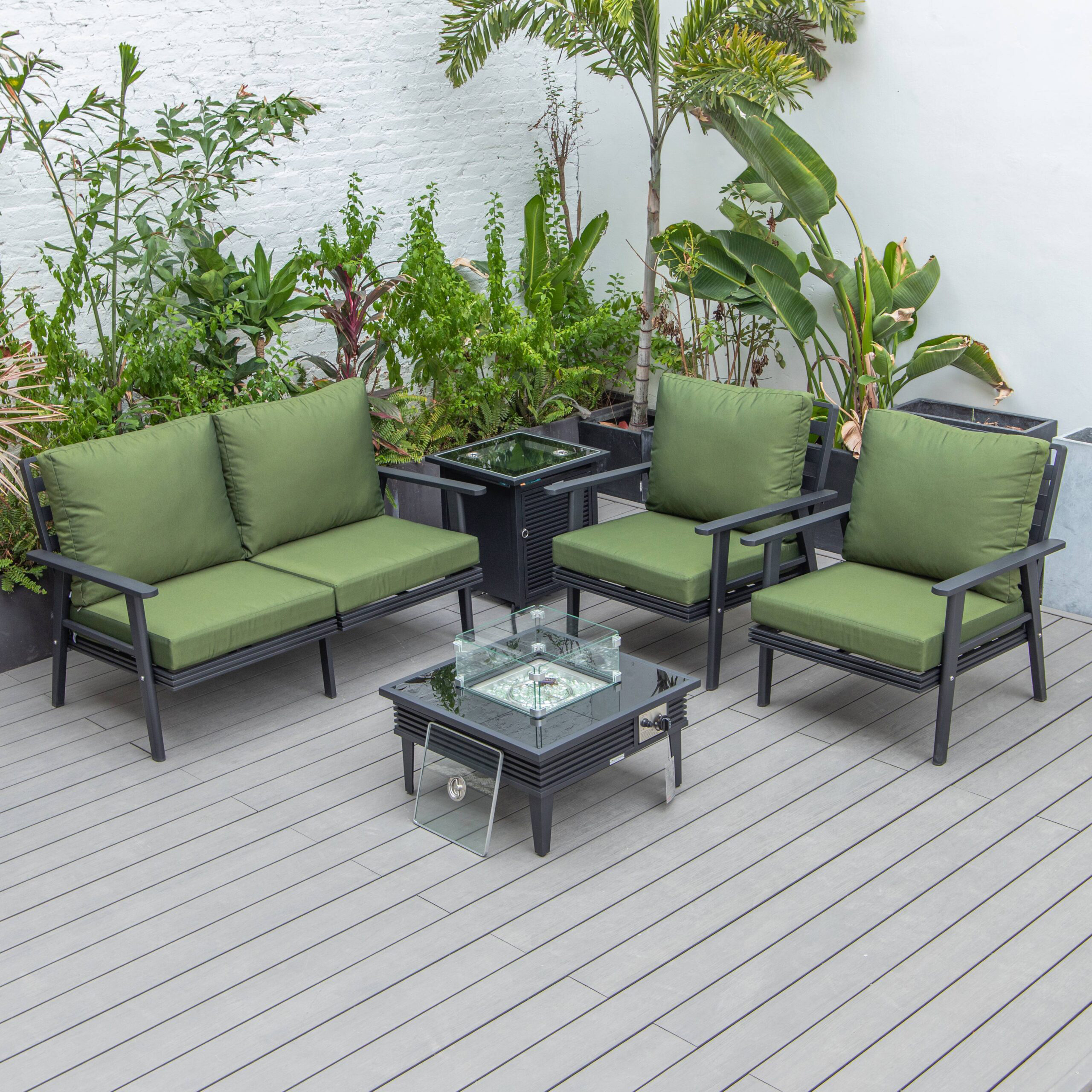 LeisureMod Walbrooke Modern Black Patio Conversation With Square Fire Pit With Slats Design & Tank Holder - Green