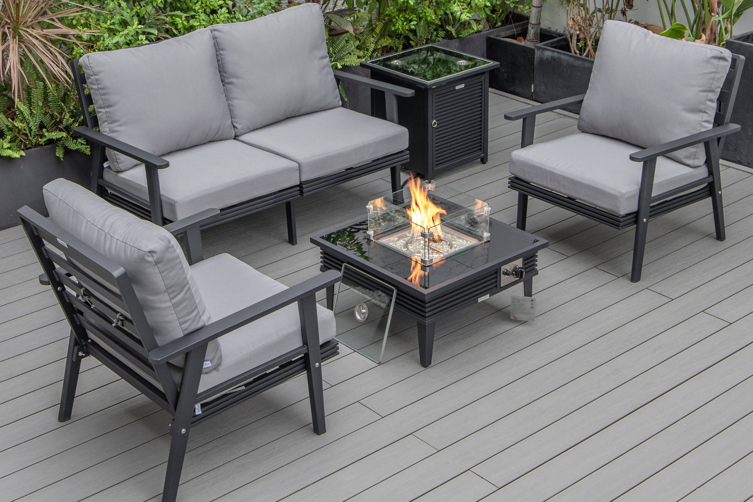 LeisureMod Walbrooke Modern Black Patio Conversation With Square Fire Pit With Slats Design & Tank Holder