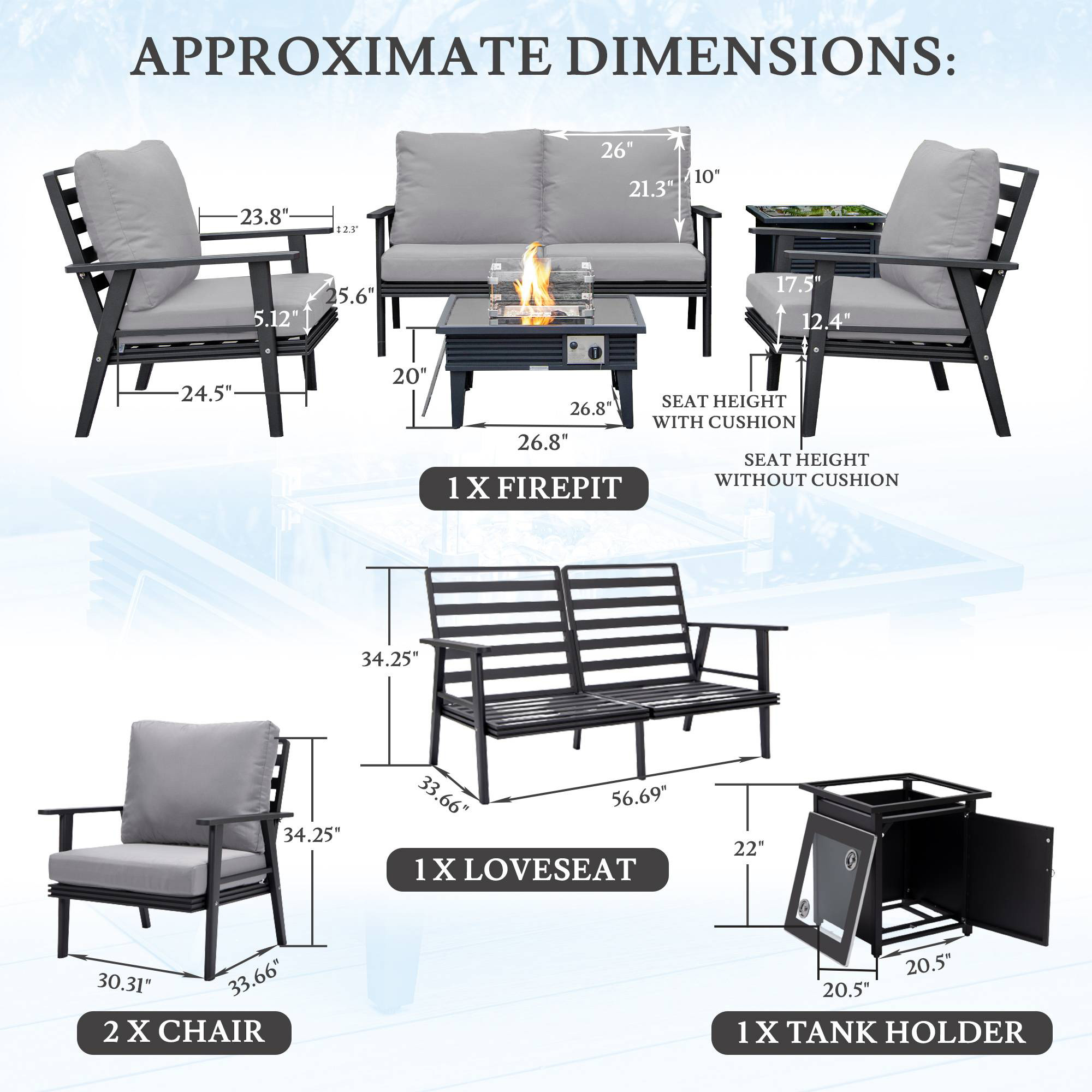 LeisureMod Walbrooke Modern Black Patio Conversation With Square Fire Pit With Slats Design & Tank Holder - Gray