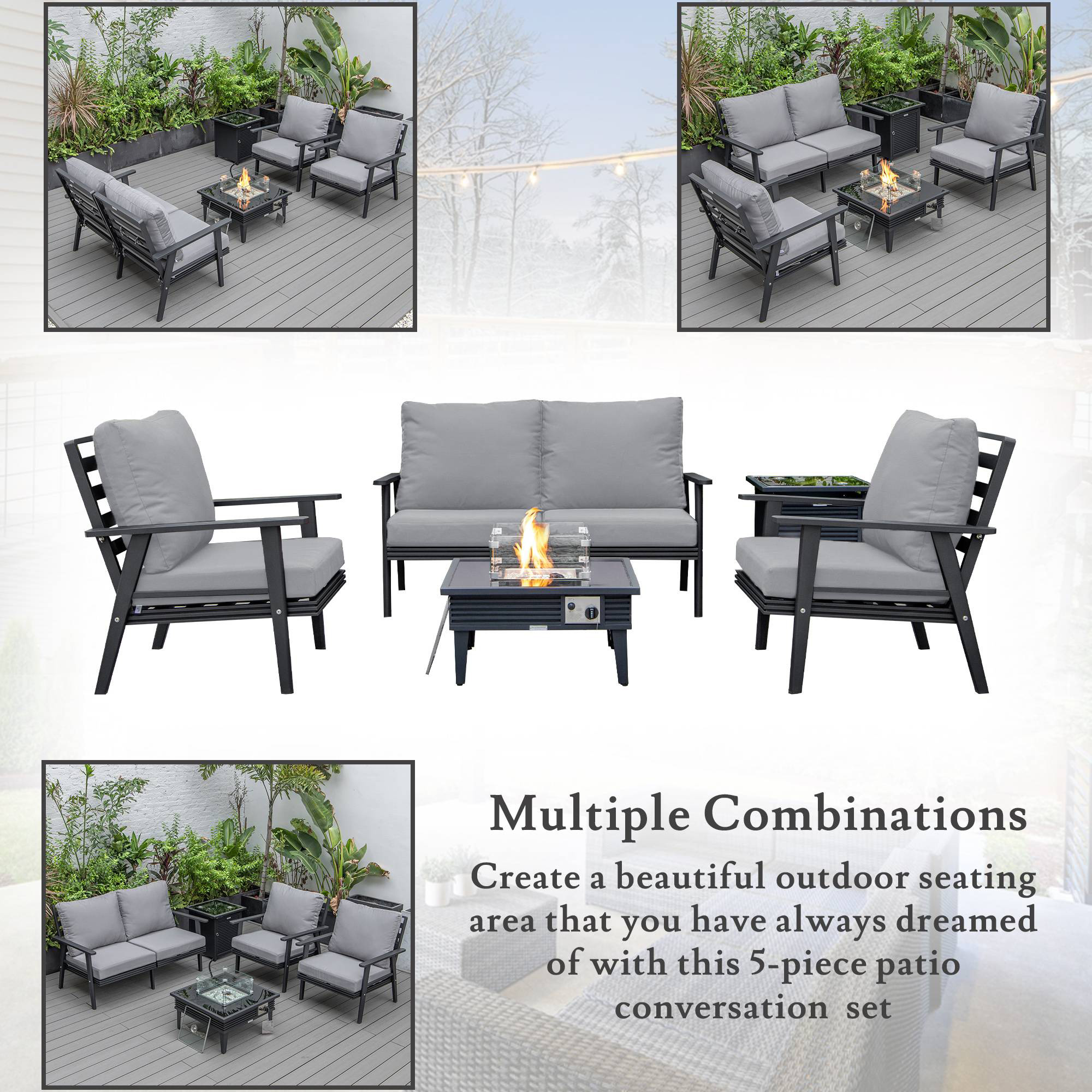 LeisureMod Walbrooke Modern Black Patio Conversation With Square Fire Pit With Slats Design & Tank Holder - Gray