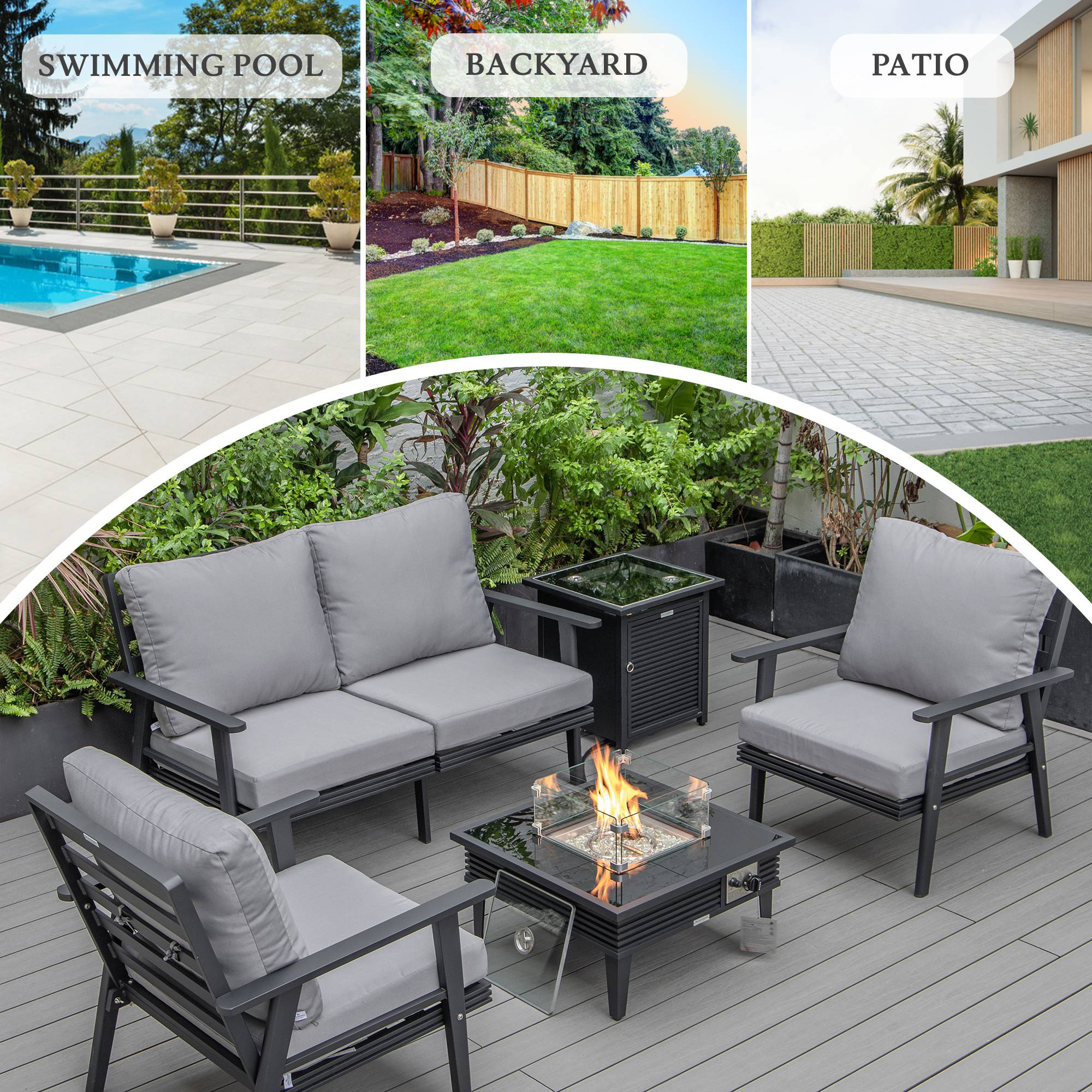 LeisureMod Walbrooke Modern Black Patio Conversation With Square Fire Pit With Slats Design & Tank Holder - Gray