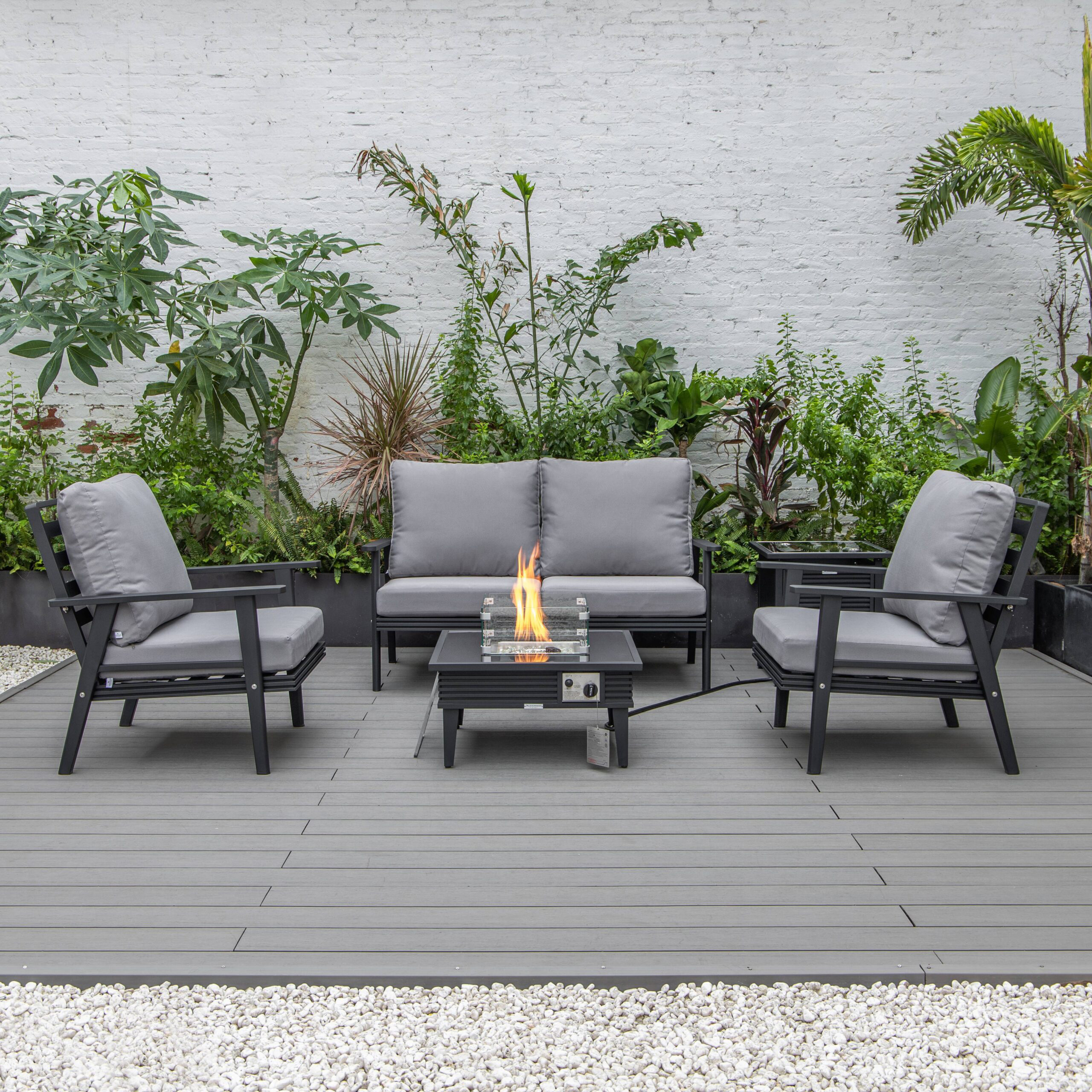 LeisureMod Walbrooke Modern Black Patio Conversation With Square Fire Pit With Slats Design & Tank Holder - Gray