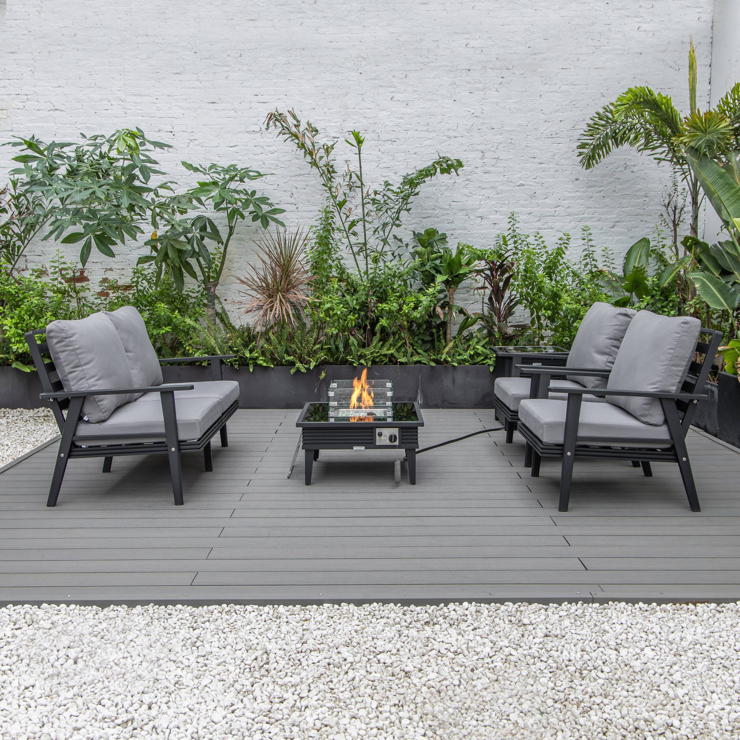 LeisureMod Walbrooke Modern Black Patio Conversation With Square Fire Pit With Slats Design & Tank Holder - Gray