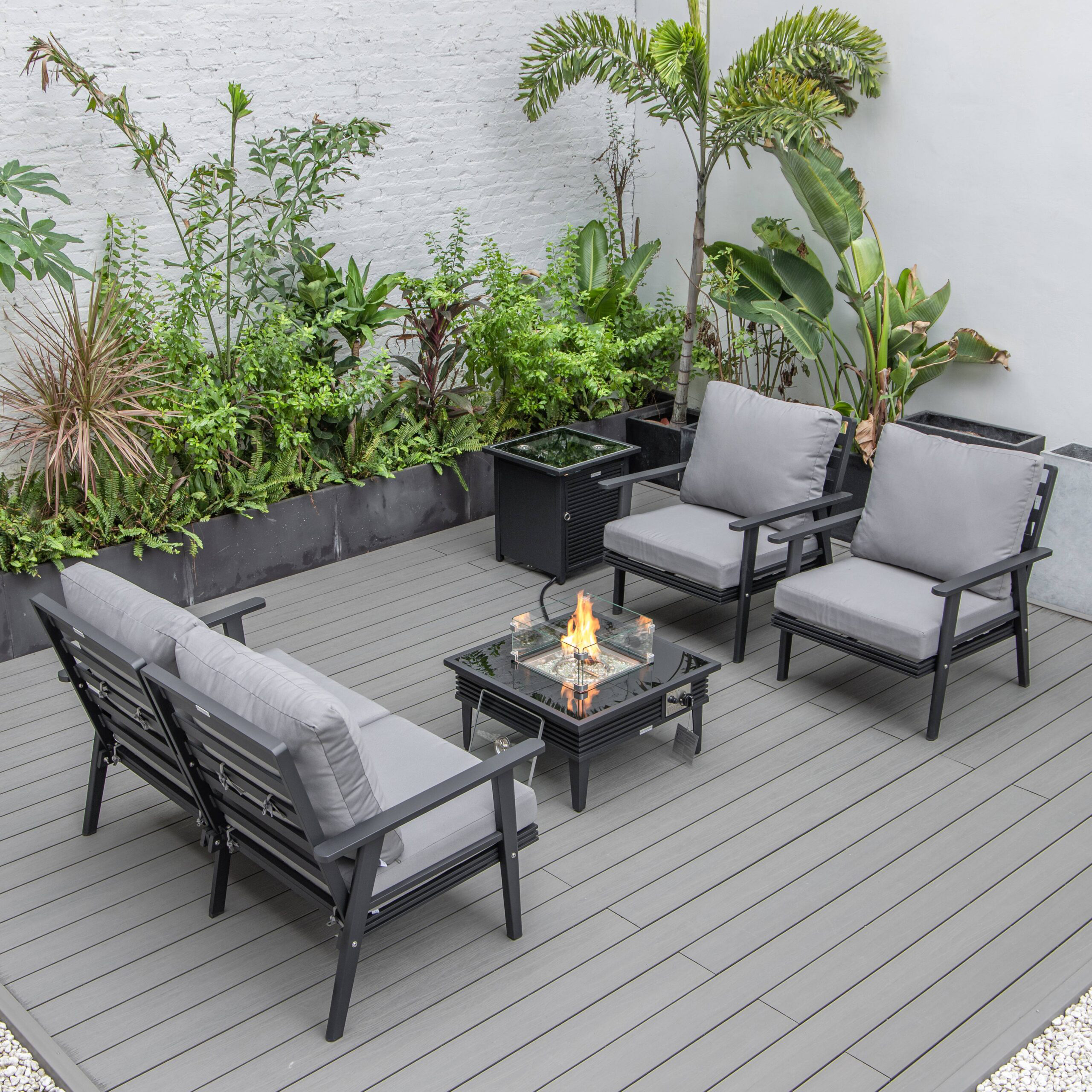 LeisureMod Walbrooke Modern Black Patio Conversation With Square Fire Pit With Slats Design & Tank Holder - Gray