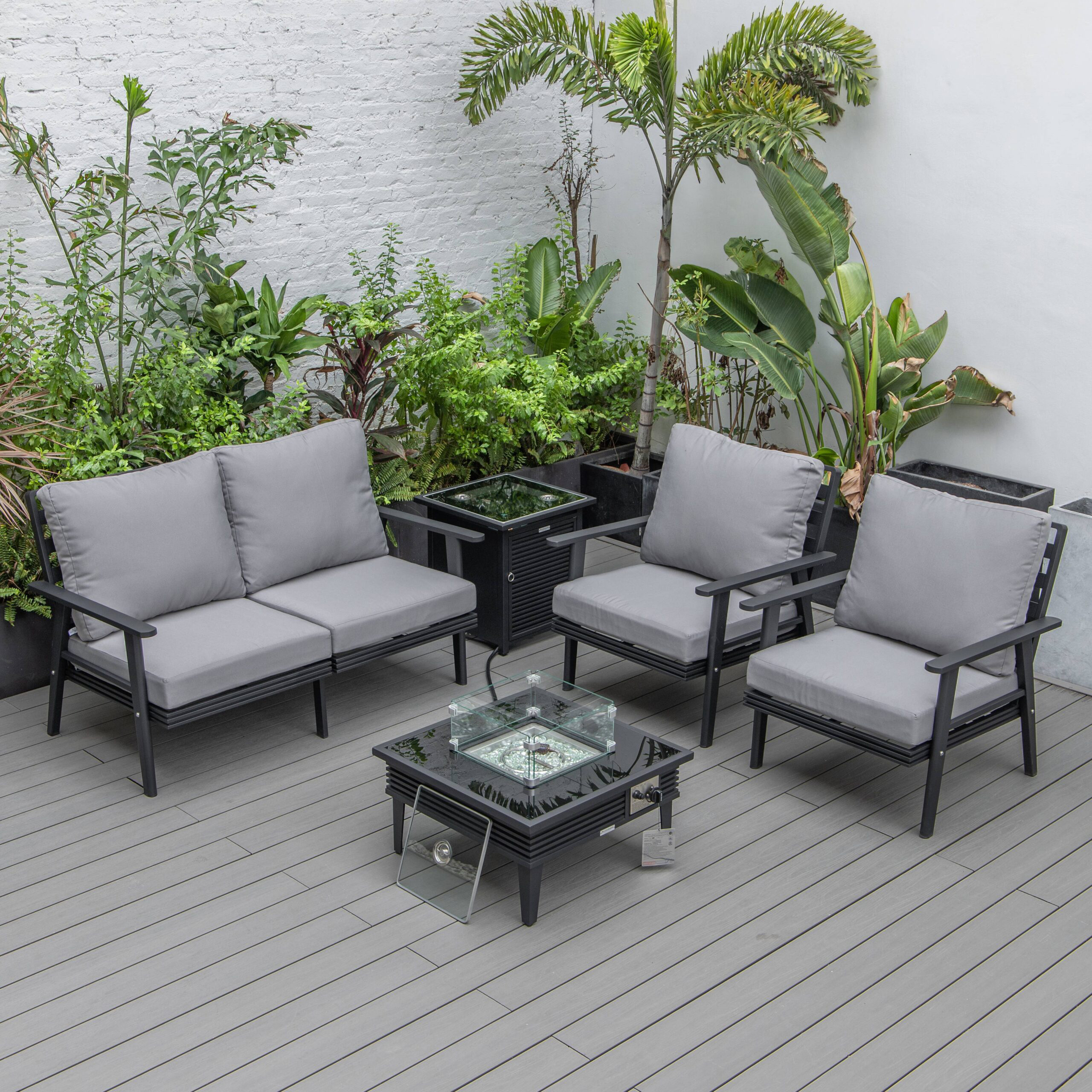 LeisureMod Walbrooke Modern Black Patio Conversation With Square Fire Pit With Slats Design & Tank Holder - Gray