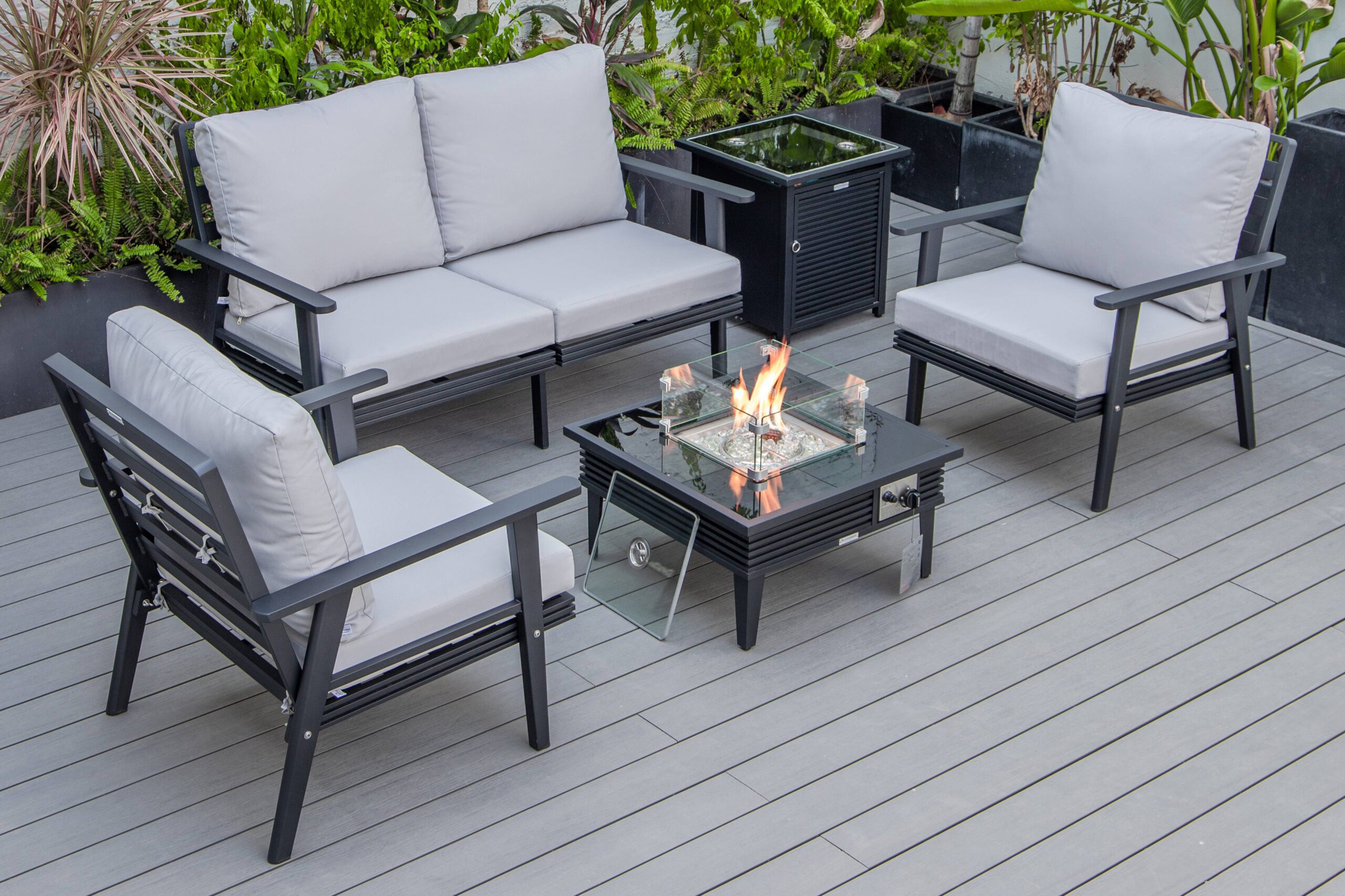 LeisureMod Walbrooke Modern Black Patio Conversation With Square Fire Pit With Slats Design & Tank Holder