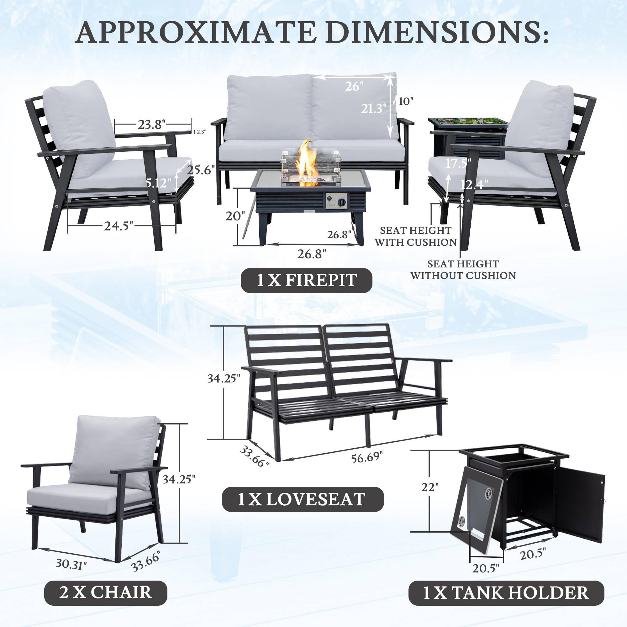 LeisureMod™ Walbrooke Modern Black Patio Conversation With Square Fire Pit With Slats Design & Tank Holder - Light Gray