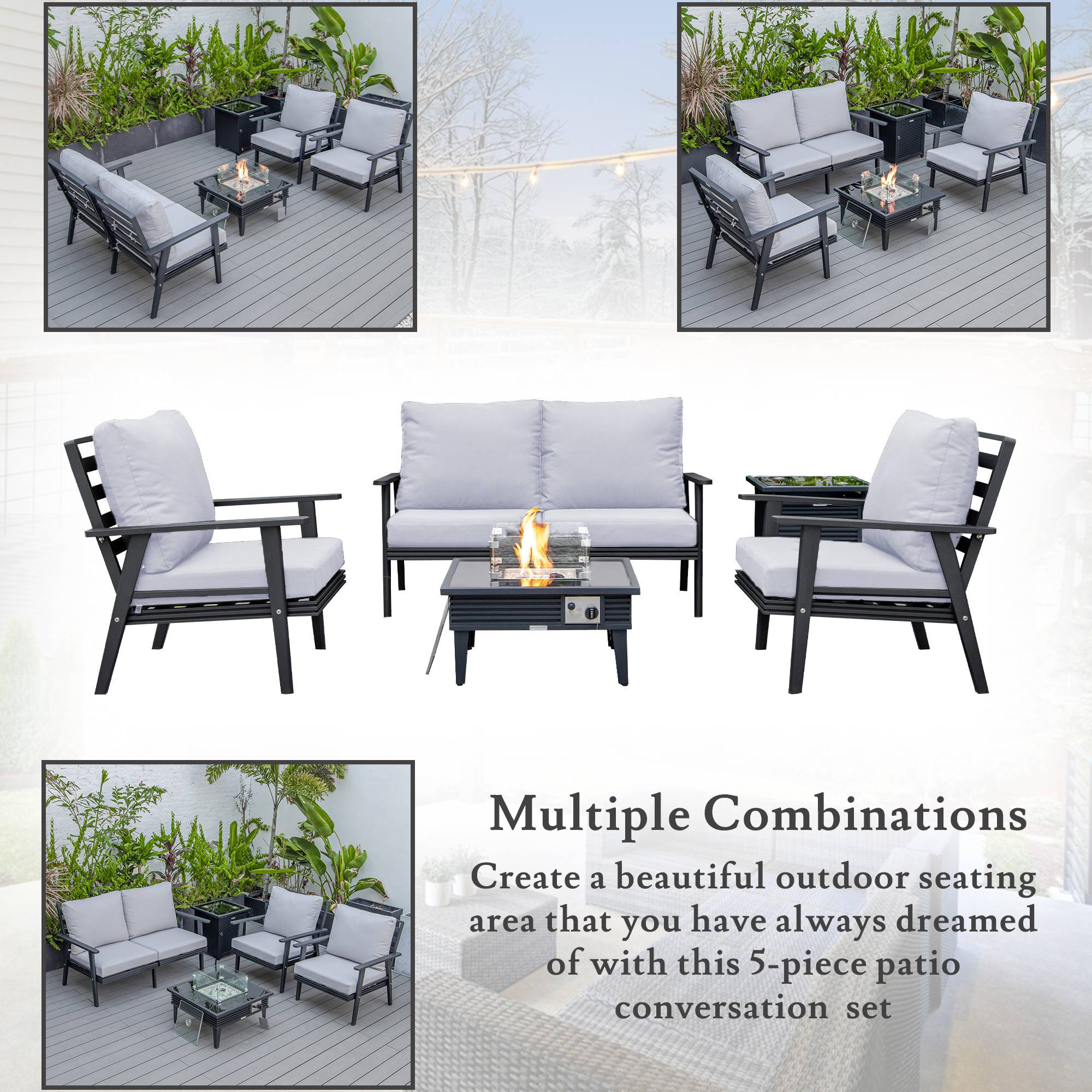 LeisureMod™ Walbrooke Modern Black Patio Conversation With Square Fire Pit With Slats Design & Tank Holder - Light Gray