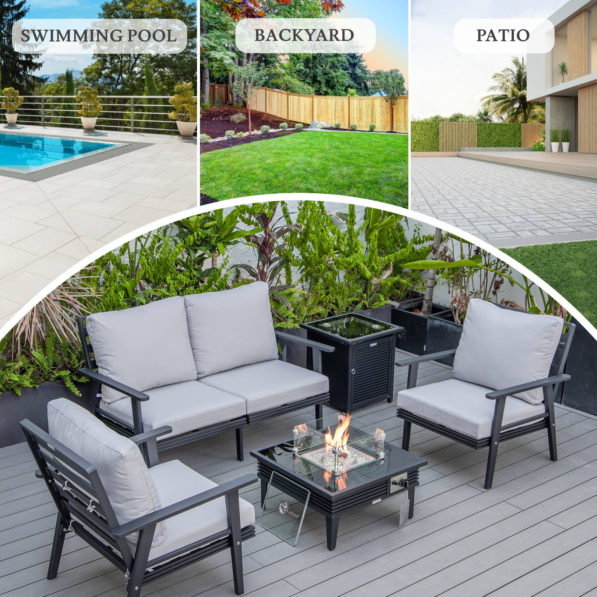 LeisureMod™ Walbrooke Modern Black Patio Conversation With Square Fire Pit With Slats Design & Tank Holder - Light Gray