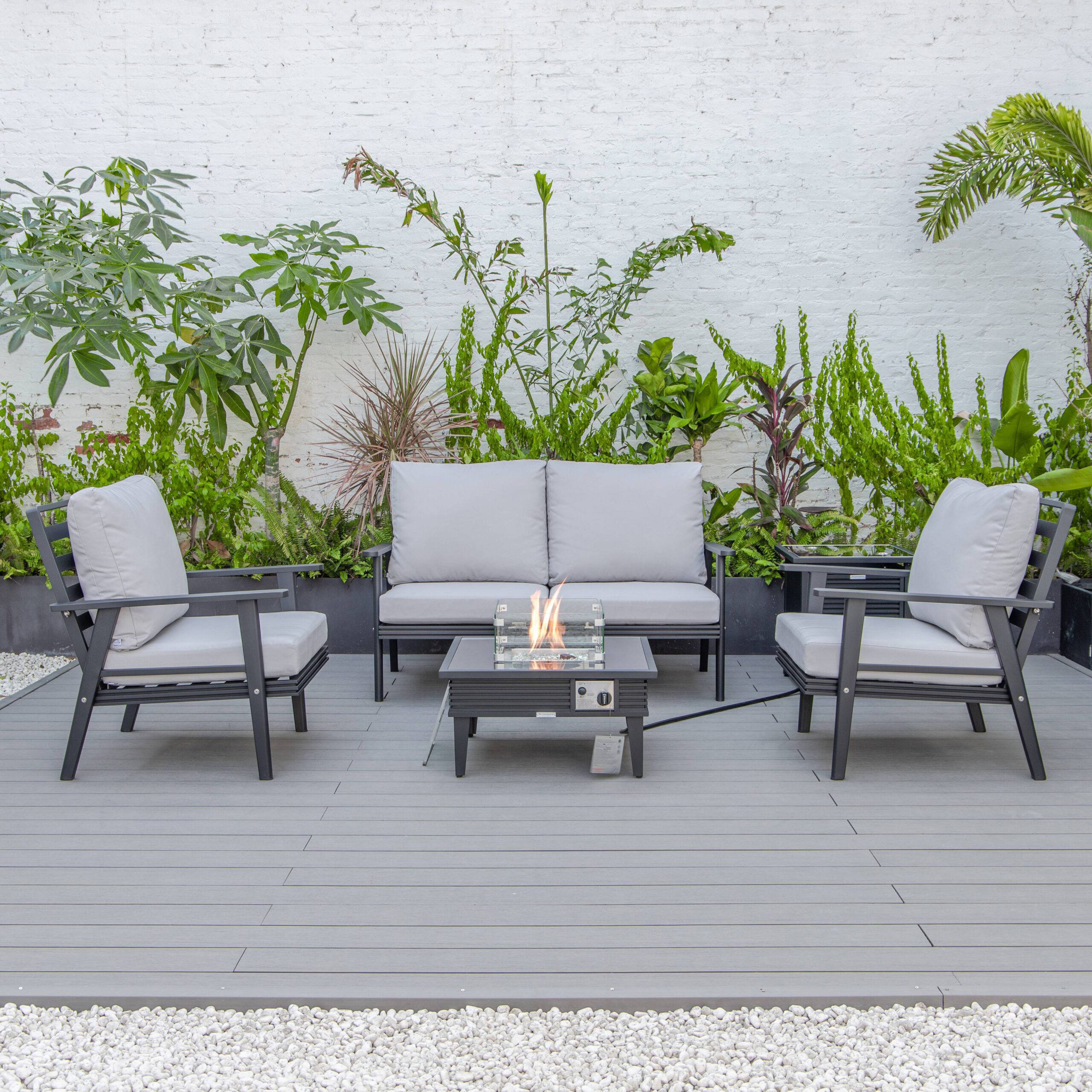 LeisureMod™ Walbrooke Modern Black Patio Conversation With Square Fire Pit With Slats Design & Tank Holder - Light Gray