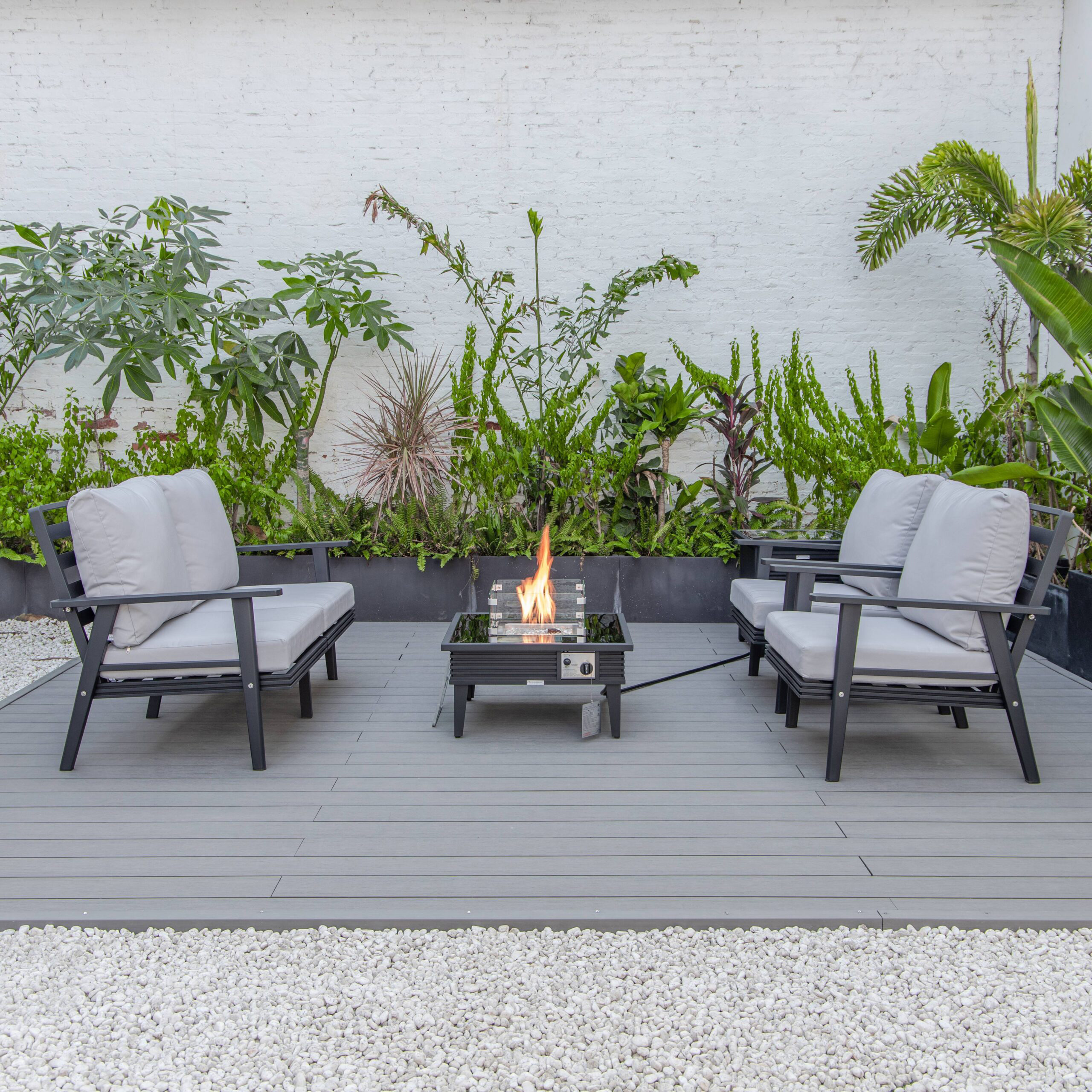 LeisureMod™ Walbrooke Modern Black Patio Conversation With Square Fire Pit With Slats Design & Tank Holder - Light Gray