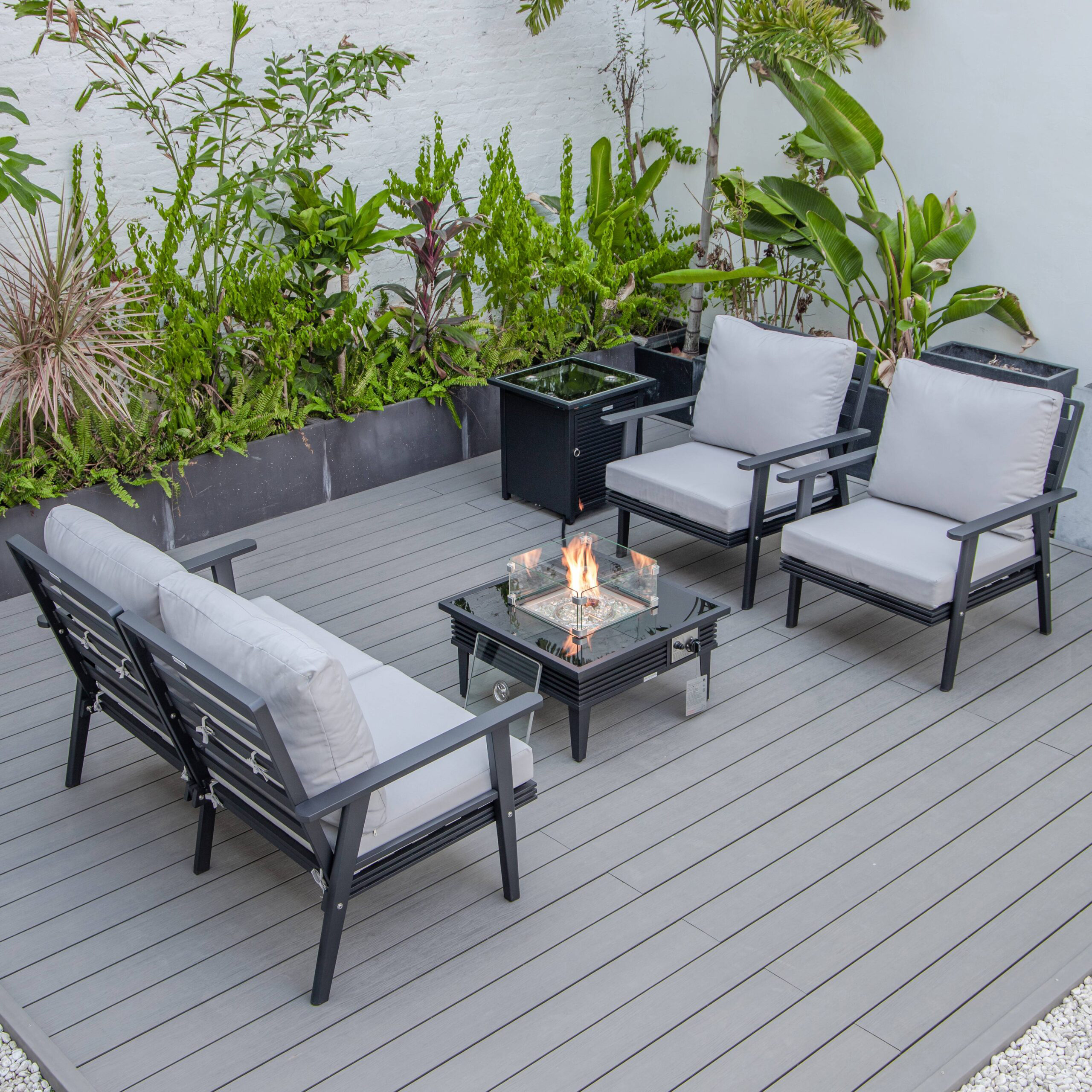 LeisureMod™ Walbrooke Modern Black Patio Conversation With Square Fire Pit With Slats Design & Tank Holder - Light Gray