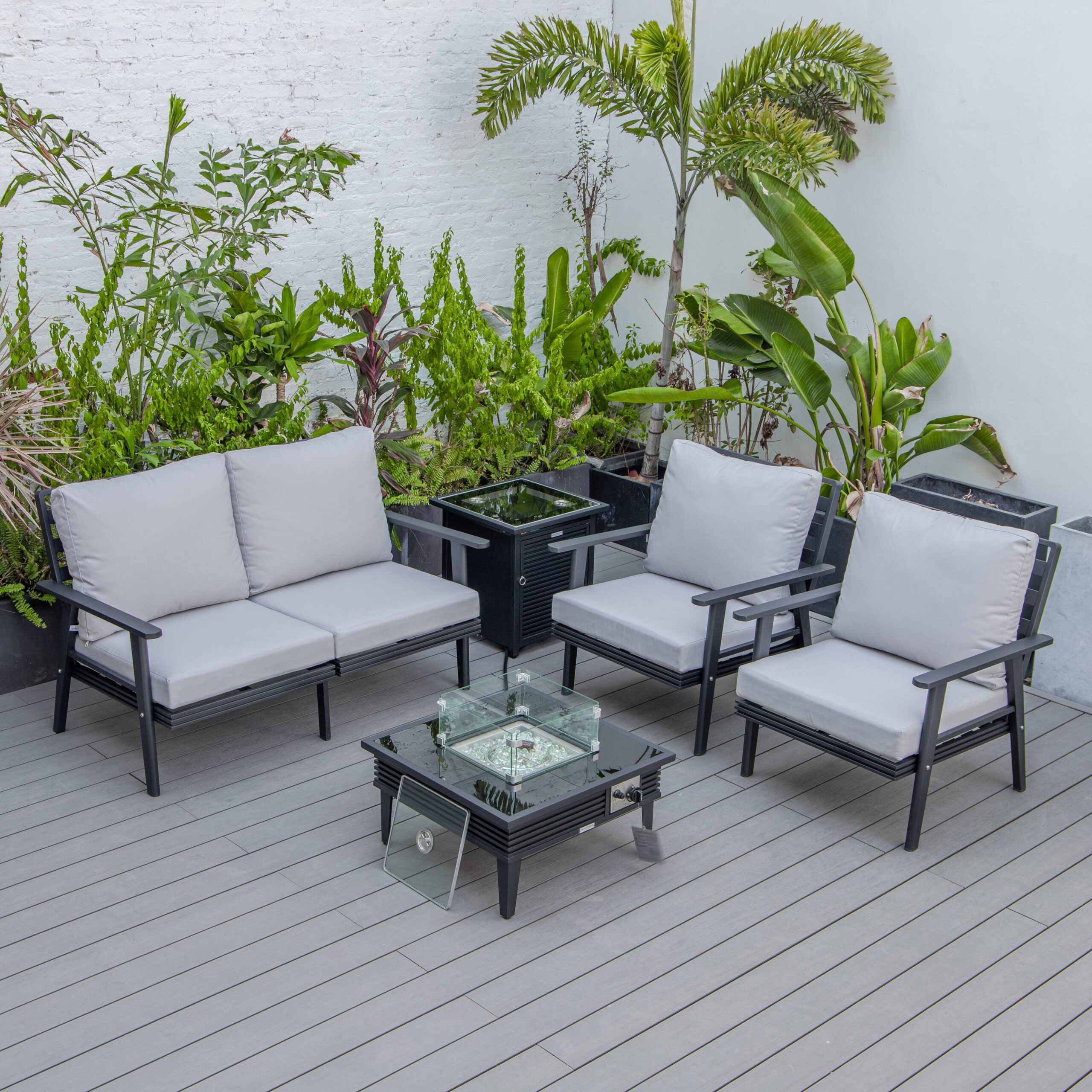 LeisureMod™ Walbrooke Modern Black Patio Conversation With Square Fire Pit With Slats Design & Tank Holder - Light Gray