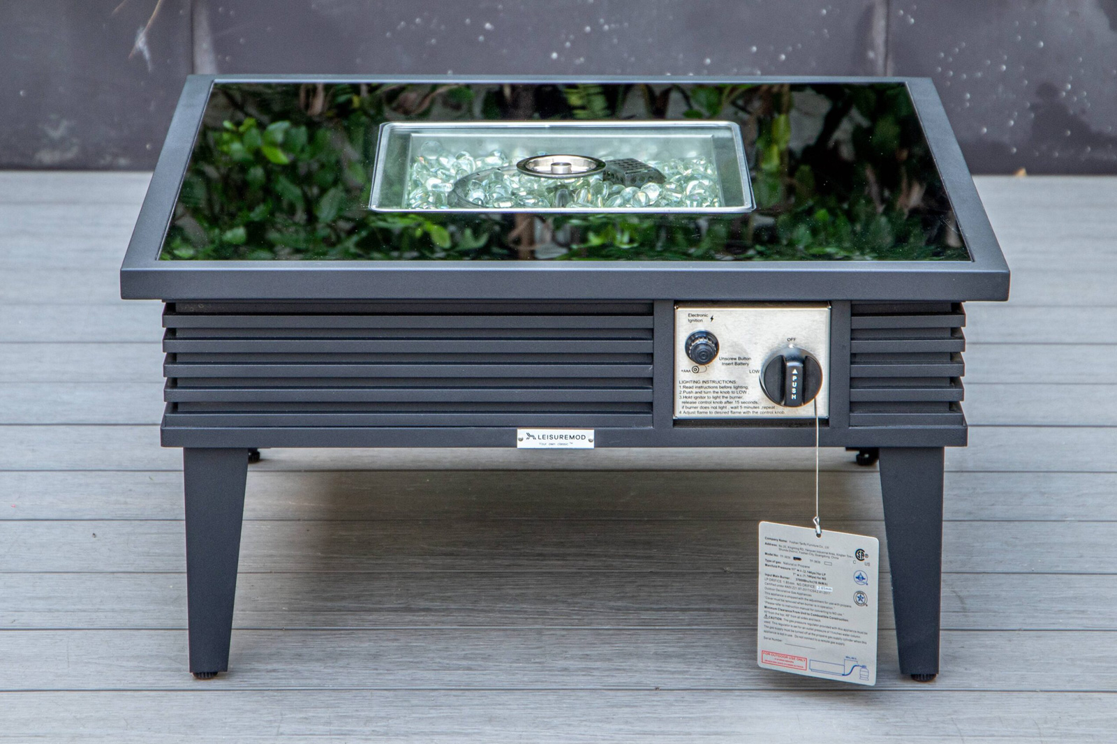 LeisureMod™ Walbrooke Modern Black Patio Conversation With Square Fire Pit With Slats Design & Tank Holder - Light Gray