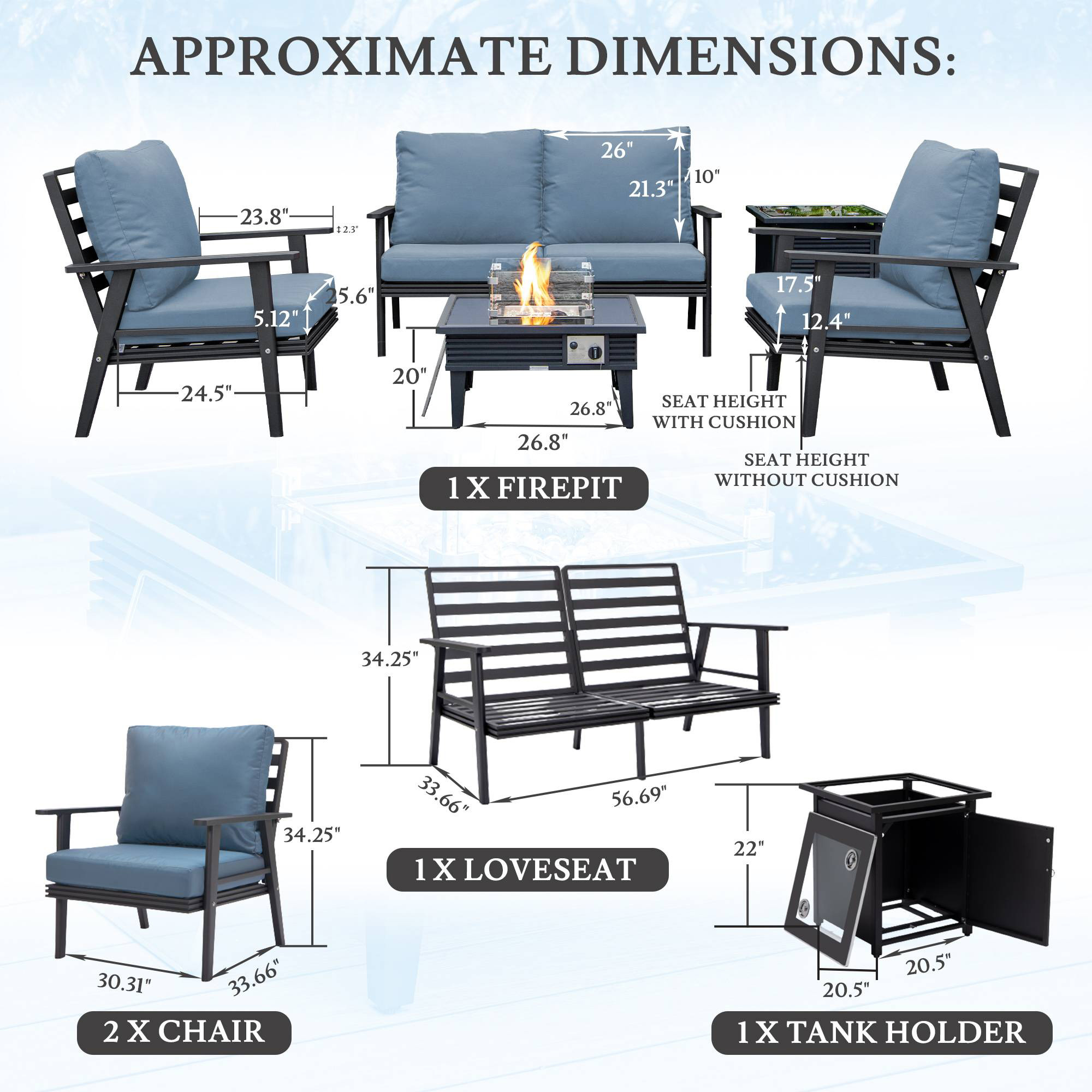 LeisureMod™ Walbrooke Modern Black Patio Conversation With Square Fire Pit With Slats Design & Tank Holder - Navy Blue