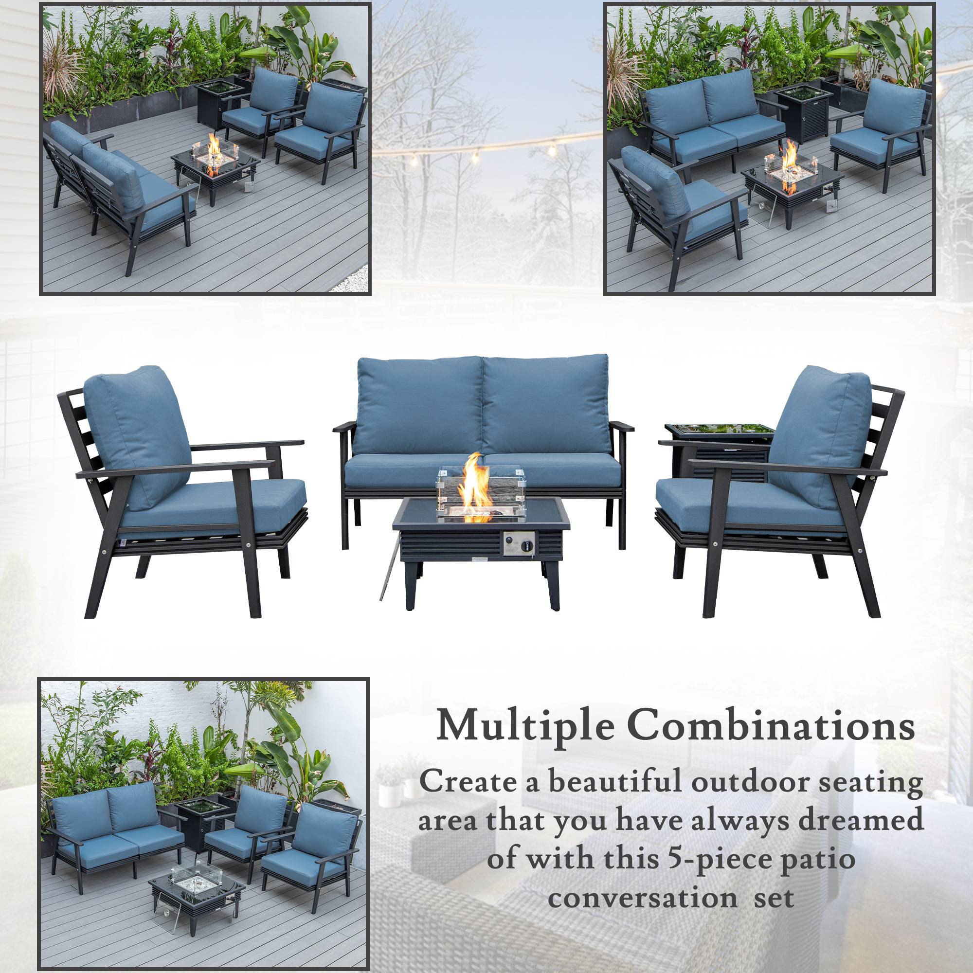 LeisureMod™ Walbrooke Modern Black Patio Conversation With Square Fire Pit With Slats Design & Tank Holder - Navy Blue