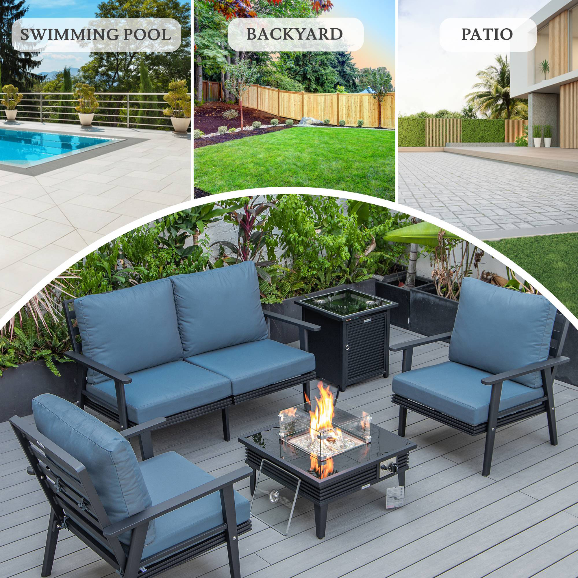 LeisureMod™ Walbrooke Modern Black Patio Conversation With Square Fire Pit With Slats Design & Tank Holder - Navy Blue