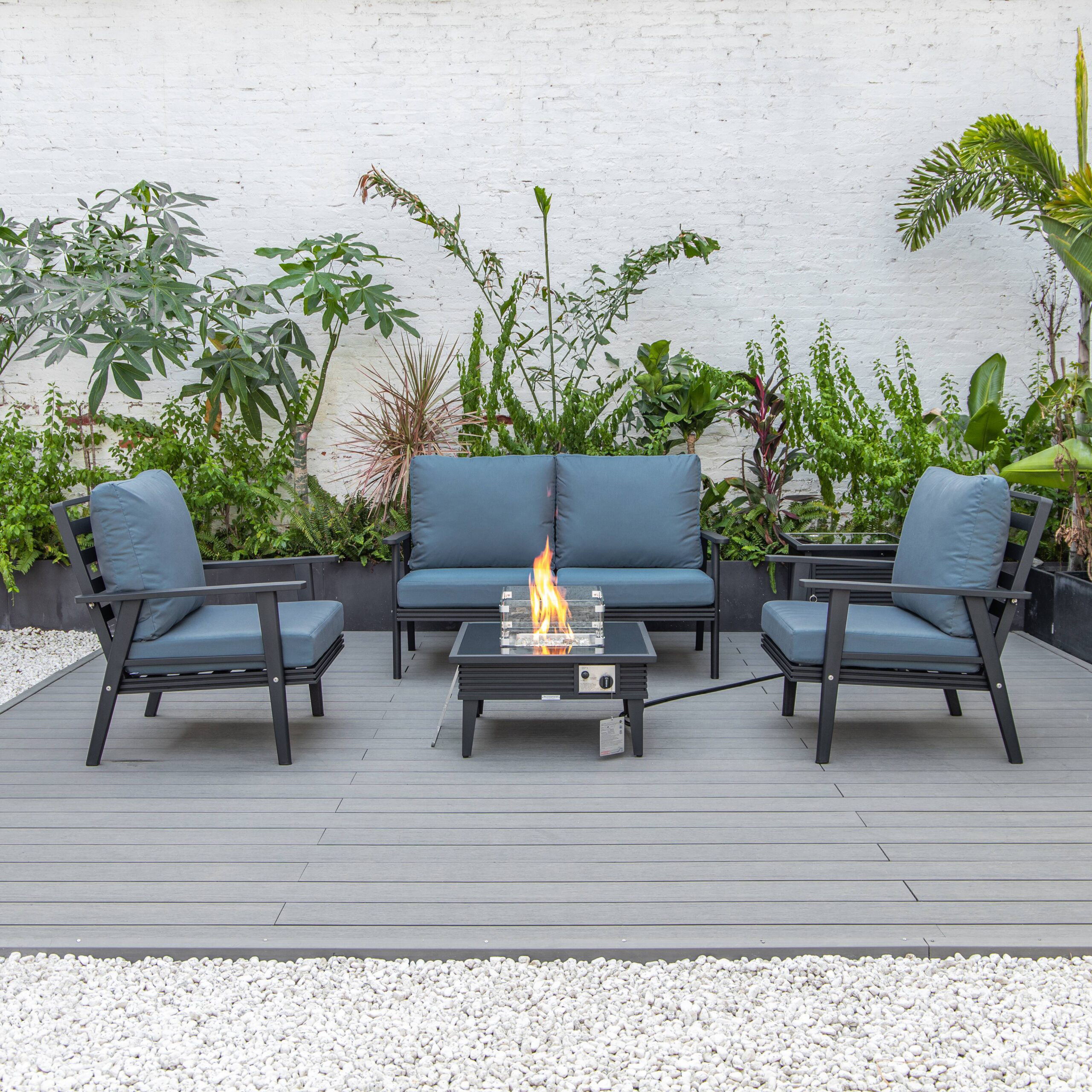 LeisureMod™ Walbrooke Modern Black Patio Conversation With Square Fire Pit With Slats Design & Tank Holder - Navy Blue